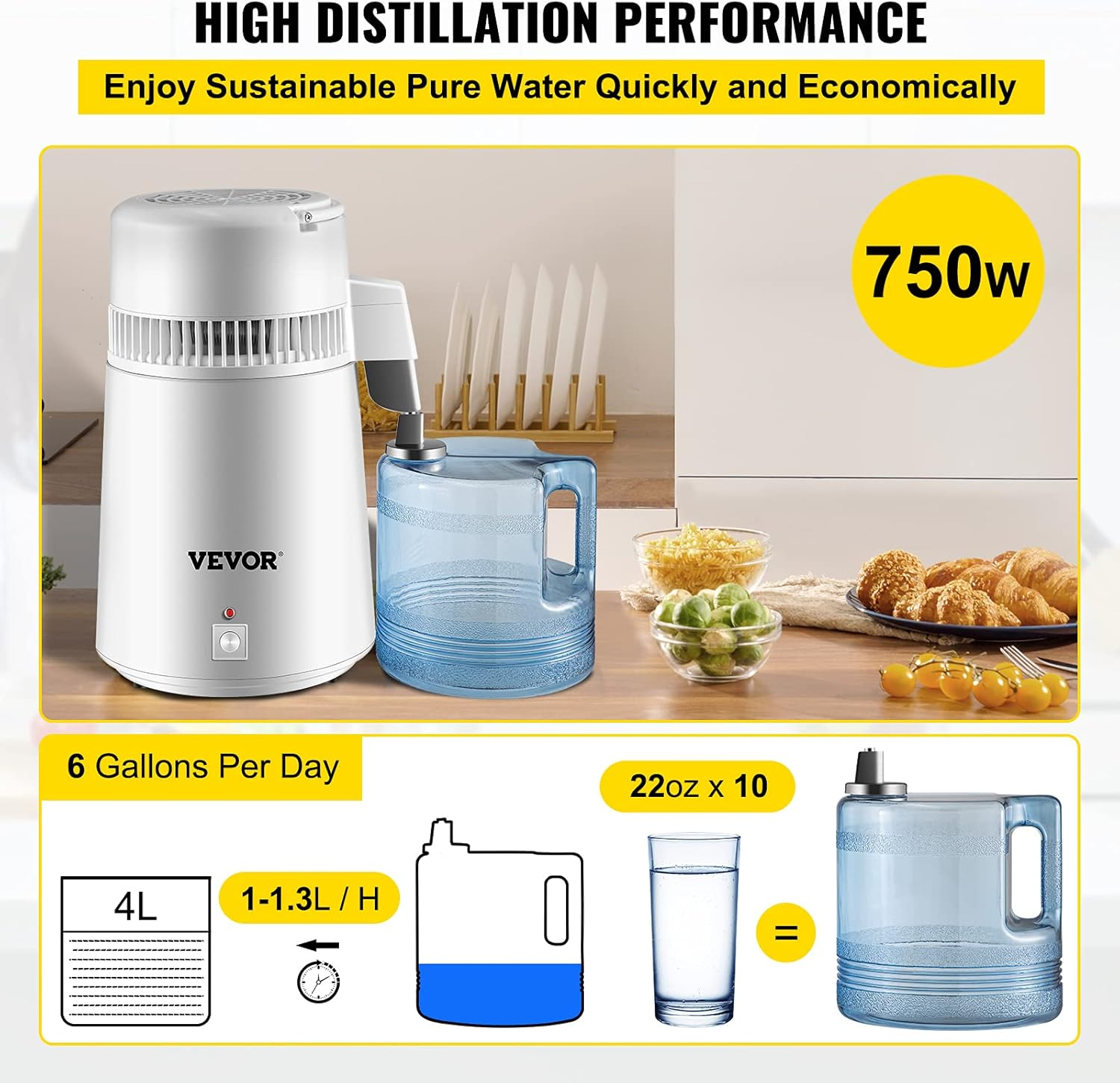 VEVOR Pure Water Distiller 4L Stainless Steel Inner Water Distillation 750W Water Purifier Filter Water Distillers Machine with Collection Bottle for Offices Homes, White image number 5