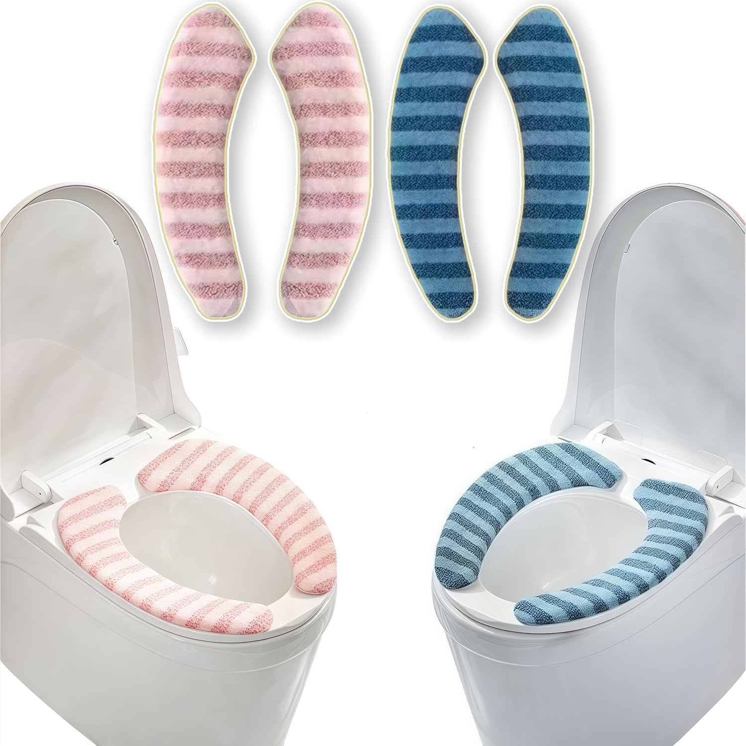 Azragon 2-Pack Soft Toilet Seat Covers with Lid Lifter - Pink & Blue Plush Cushion Pads, Washable & Reusable, Universal Fit for All Standard Toilets, Anti-Slip & Warm Design