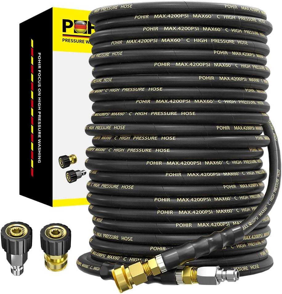 POHIR Power Washer Hose 100FT 3/8'' High Tensile Wire Braided Car Wash Water Hose, with 2 Quick Connect Kits Compatible M22 14 Mm, 1/4 Inch Hose for Pressure Washer, 4200 PSI image number 4