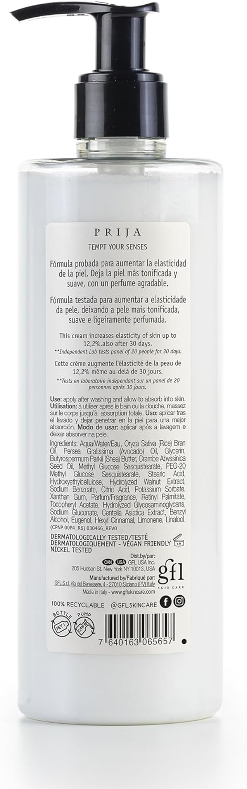 Prija Toning Body Cream Boosts Hydration and Elasticity with Avocado Oil and Green Walnut Extract, Lightly Scented Vegan Friendly Moisturising Body Cream with Centella Asiatica 380Ml