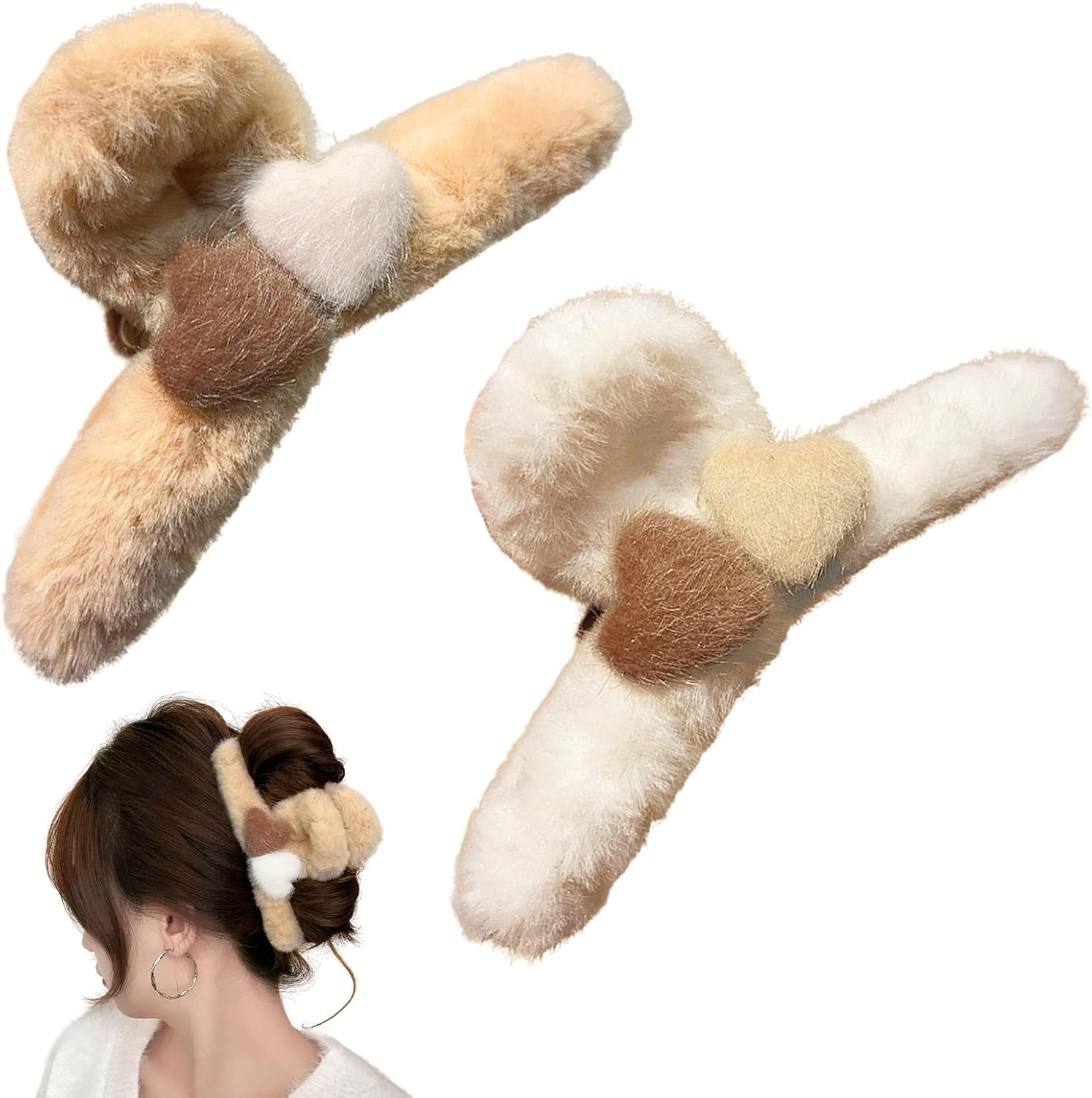 Cutitiuu 2 PCS Large Faux Fur Hair Claw Clip,Plush Heart-Shaped Grabber,Plush Hair Clips Fluffy Grab Clips Large Furry Shark Clips, Fluffy Fleece Catch Barrette Jaw Clamp (White + Pink)