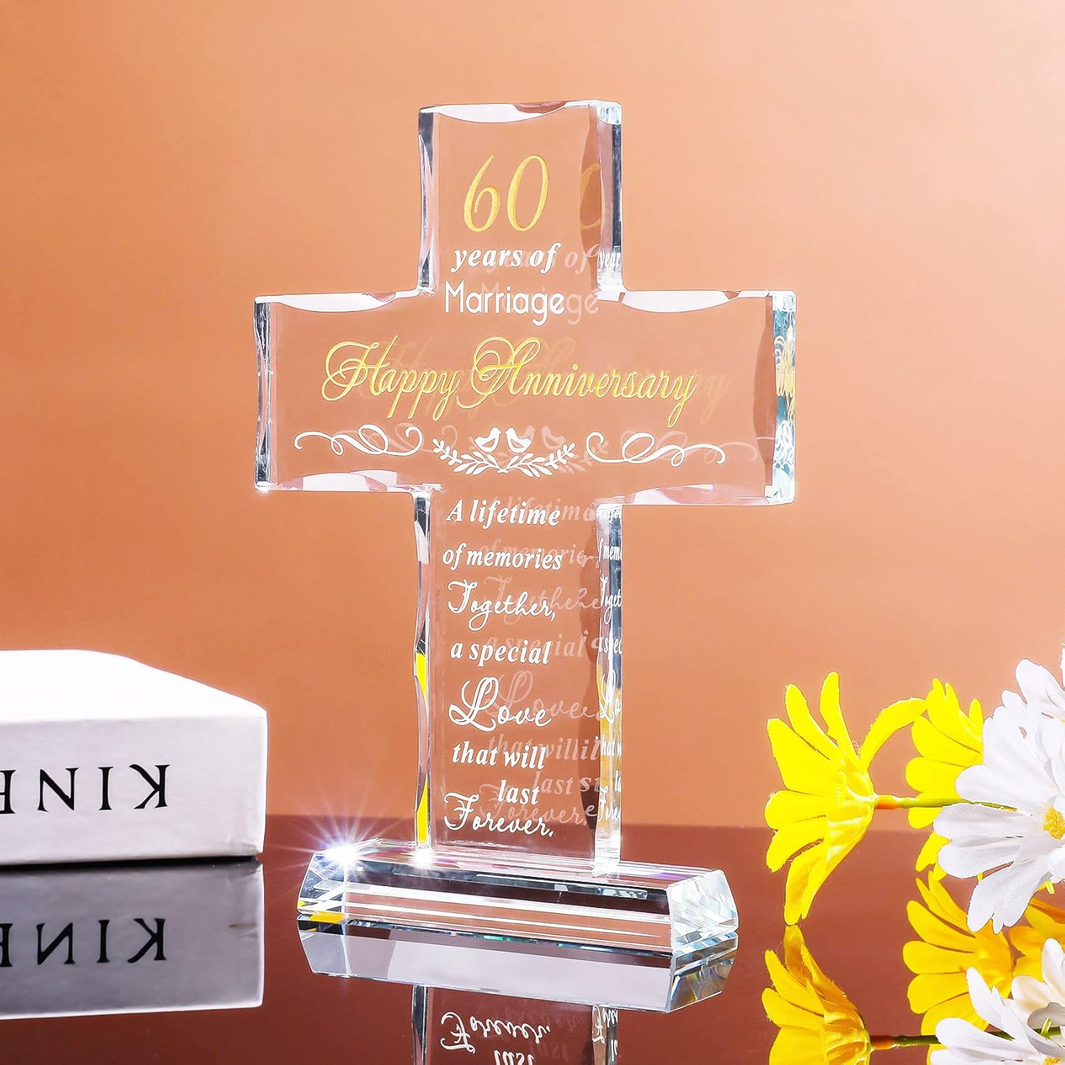 YWHL 60Th Anniversary Cross Gifts for Couple Parents, 60 Years Wedding Anniversary Keepsake for Him Her, Laser Carved 60 Years of Marriage Glass Cross Decoration image number 4