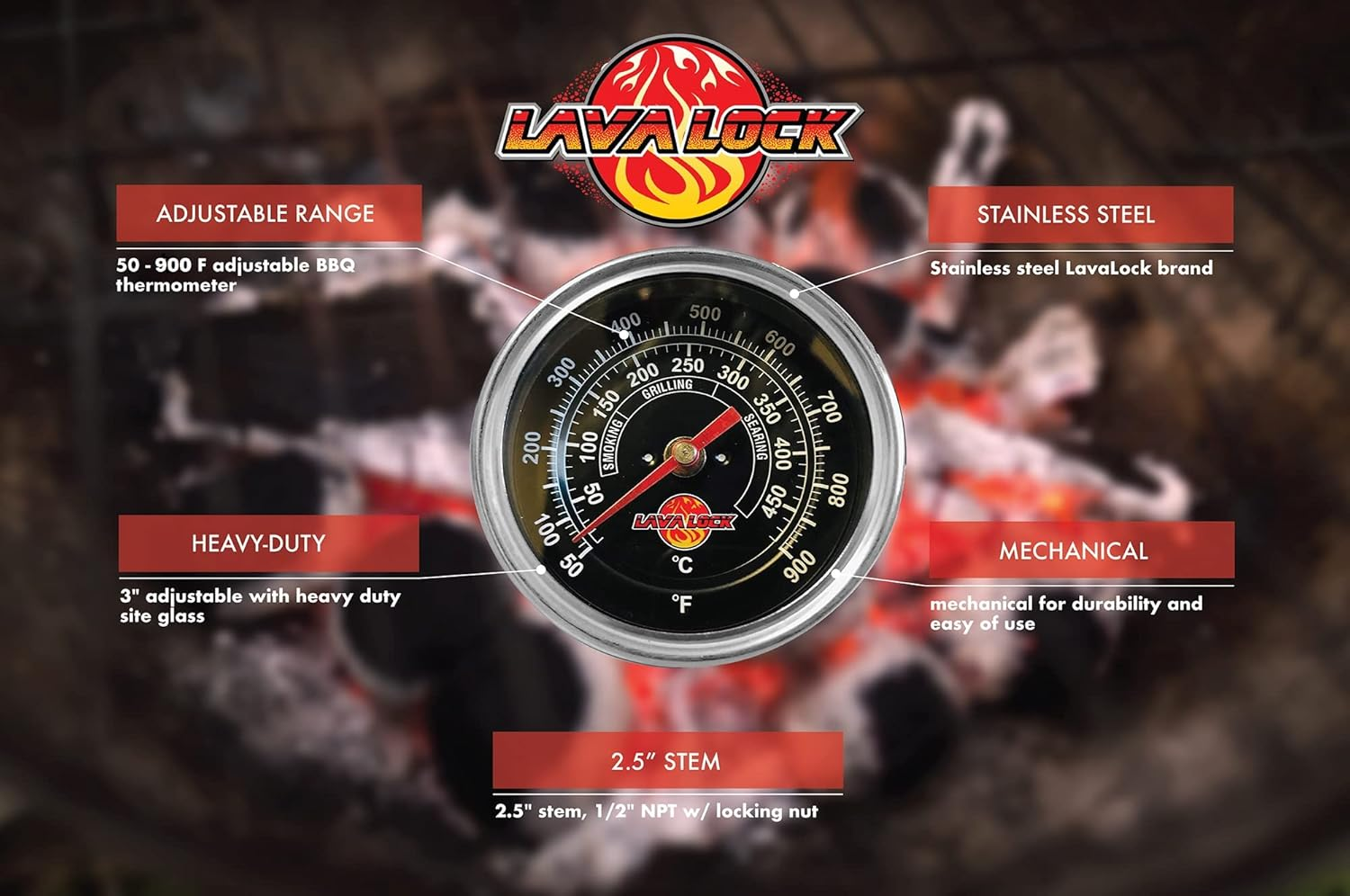 Lavalock Black Face BBQ Grill Thermometer 50F-900F High Temp Range Heavy Duty Premium Quality Smoker Thermo 2 Inch or 3" M8 (9/32") 3 Inch Stem (3 In. Black Face) image number 2