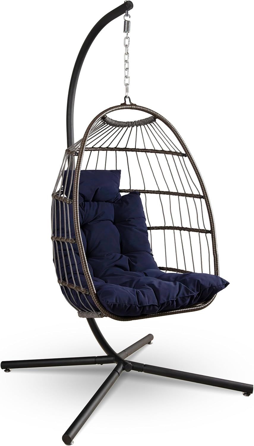Serenelife Hanging Egg Chair with Stand - up to 250 Kg of Capacity - Beautiful Swinging Basket Chair with Base Made from Wicker Rattan and Powder-Coated Steel Frame - Egg Swing Chair with Stand