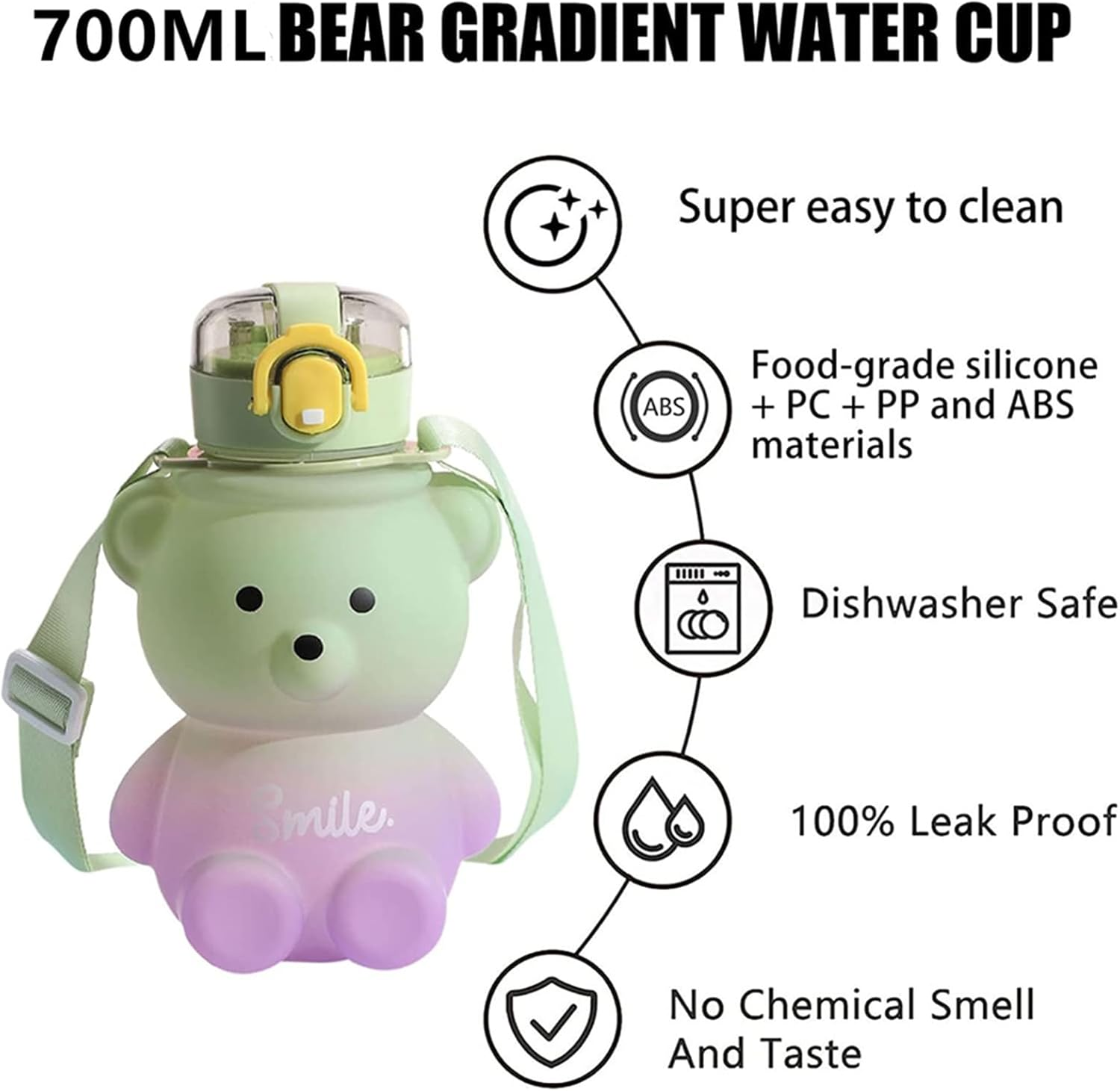 Yeanifeana Cute Teddy Bear Water Bottle 27Oz with Straw & Adjustable Strap, Bpa-Free Leakproof Portable Drinking Cup for Girls, School, Sports, Travel (Yellow)