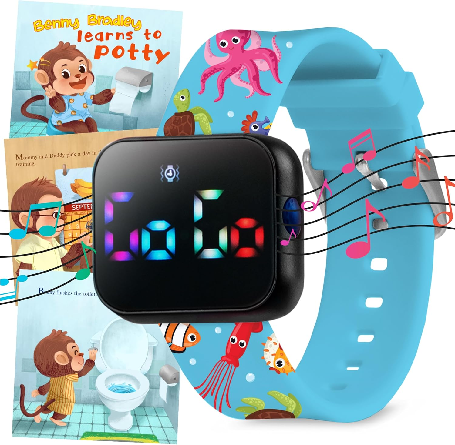 Potty Training Watch for Kids V2 &ndash; a Water Resistant Toilet Reminder Device for Boys & Girls to Train Your Toddler with Fun/Musical & Vibration Interval Reminder with Potty Training Ebook (Ocean)