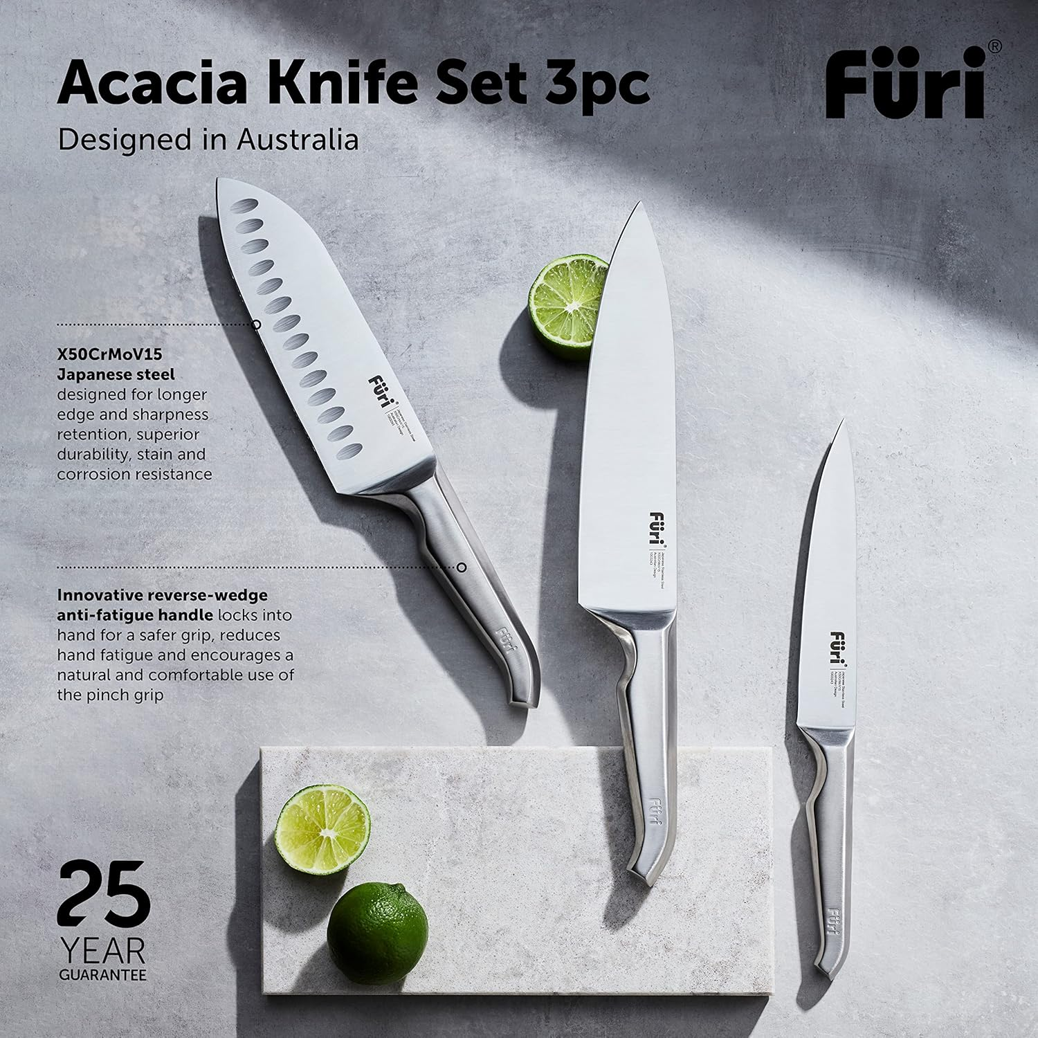Furi Pro Acacia Knife Set 3 Pc, Beautiful Acacia Wood Gift Box with Three Premium Knives for a Superior Cutting Performance, Stainless Steel Blades, Ergonomic Reverse-Wedge, Anti-Fatigue Handle