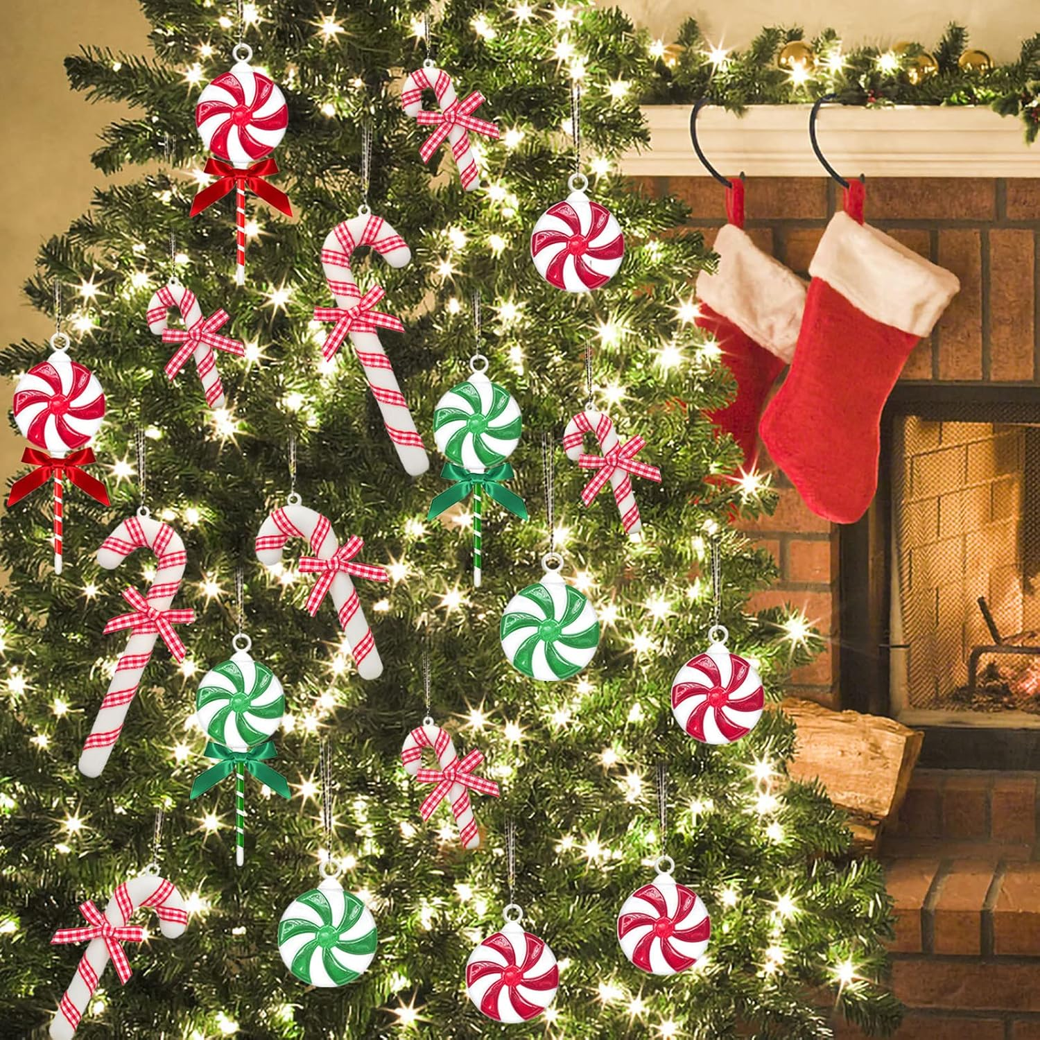 35 Pcs Shatterproof Christmas Candy Decorations Plastic Candy Cane Swirl Peppermint Lollipop Christmas Tree Hanging Ornaments, Colorful Acrylic Sweets Pendant with Bow & Rope for Holiday Party Supply image number 1