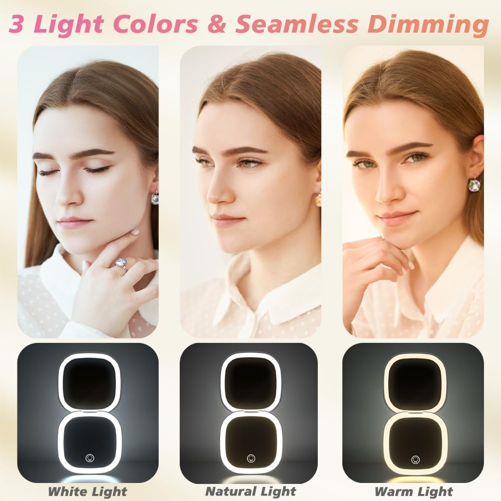 Compact LED Magnifying Travel Makeup Mirror 1X/10X Magnification Small Hand Pocket Mirror 3 Light Colors Dimmable Double Sided USB Rechargeable Touch Screen, Portable Cosmetic Mirror(Green) image number 1