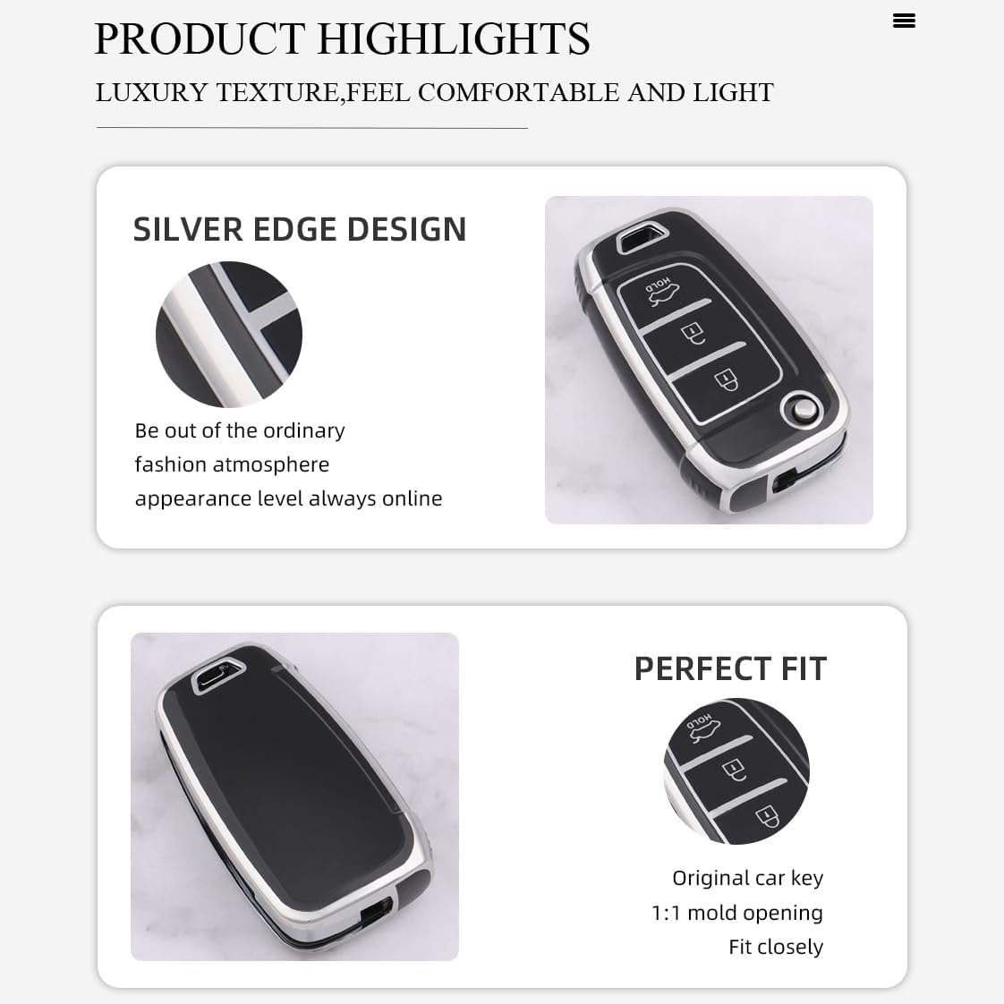 HIBEYO TPU Key Fob Cover for Hyundai Elantra Solaris 2 Tucson I30 I35 I40 Ix35 Kona Genesis Santa Fe Azera Verna Accent Celesta Sonata Accessories Key Shell Cover Flip 3 Button Key-Puprle - Gold Black image number 4