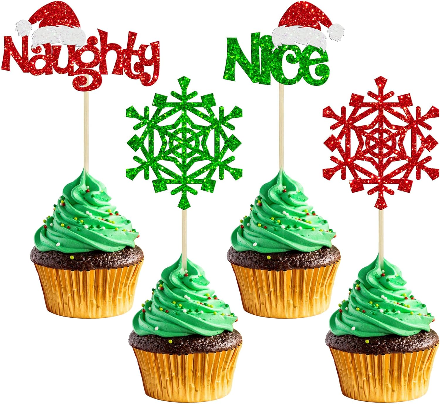 Gyufise 1Pc Naughty or Nice Cake Topper Red Green Glitter Santa Hat Snowflake Christmas Cake Decoration for Naughty Merry Christmas Theme Birthday Baby Shower Party Happy New Year Party Supplies