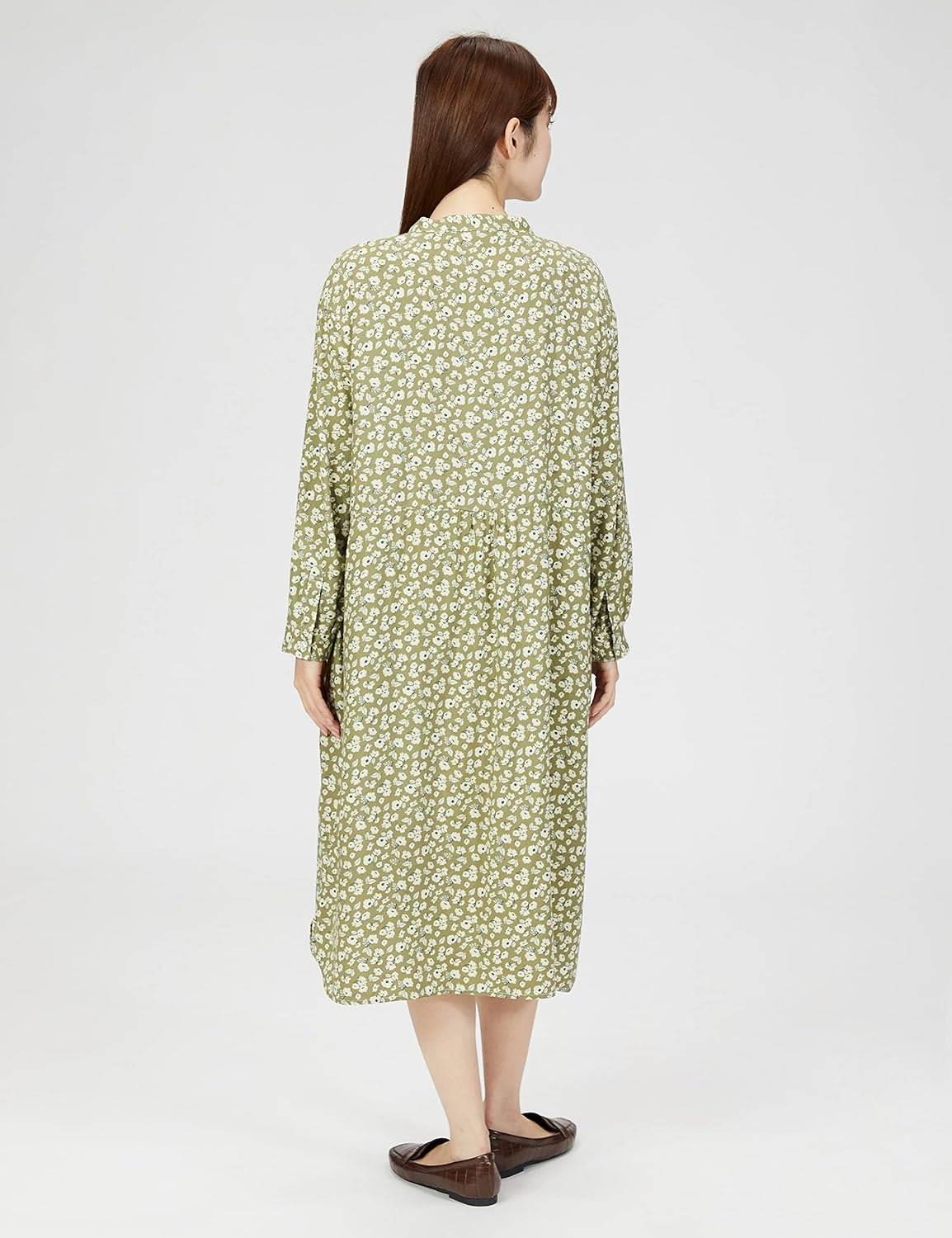 Hiuma Nihon LUM42601 Dress, Botanical Print, Stand Collar Dress, Khaki, M, Women'S Khaki, M, Khaki, M image number 2