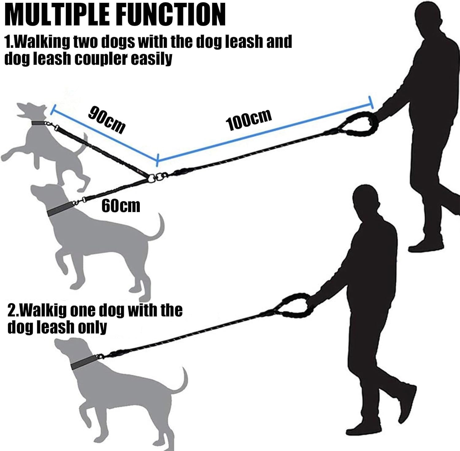 Xolixorium Double Dog Lead Dual Two Way Tangle Free Coupler Split Bungee Leash for Walking 2 Dogs Puppies with Slip Lead Retractable Dog Leash (Black Medium Coupler with Lead) image number 4