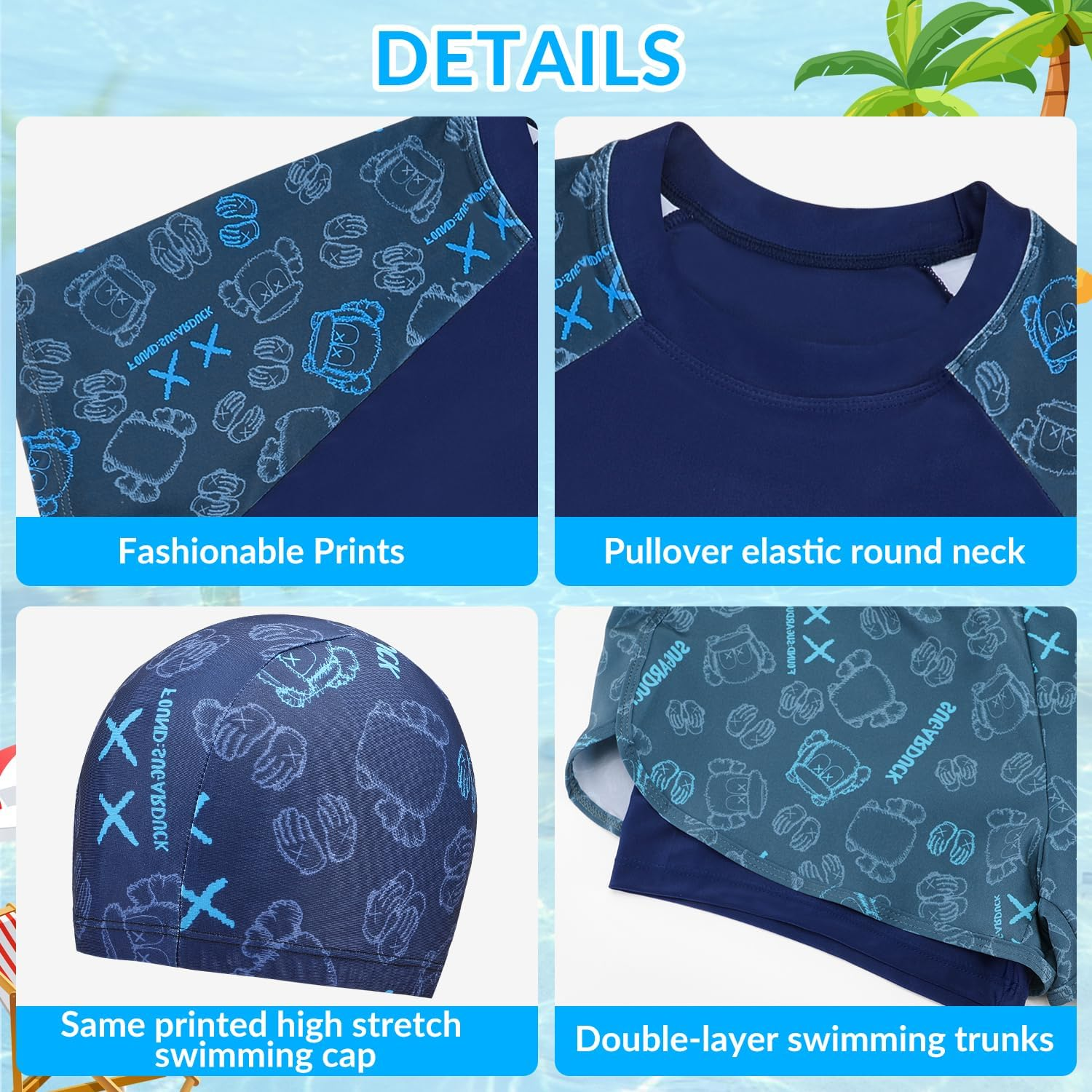 WOTOW Boys Short Sleeve Swimsuit, 3 Piece Rash Guard Swimsuit Set Short Sleeve Bathing Suit with Swimming Cap, Summer Quick Dry Swimwear for Kids Boys 4-16 Years image number 4