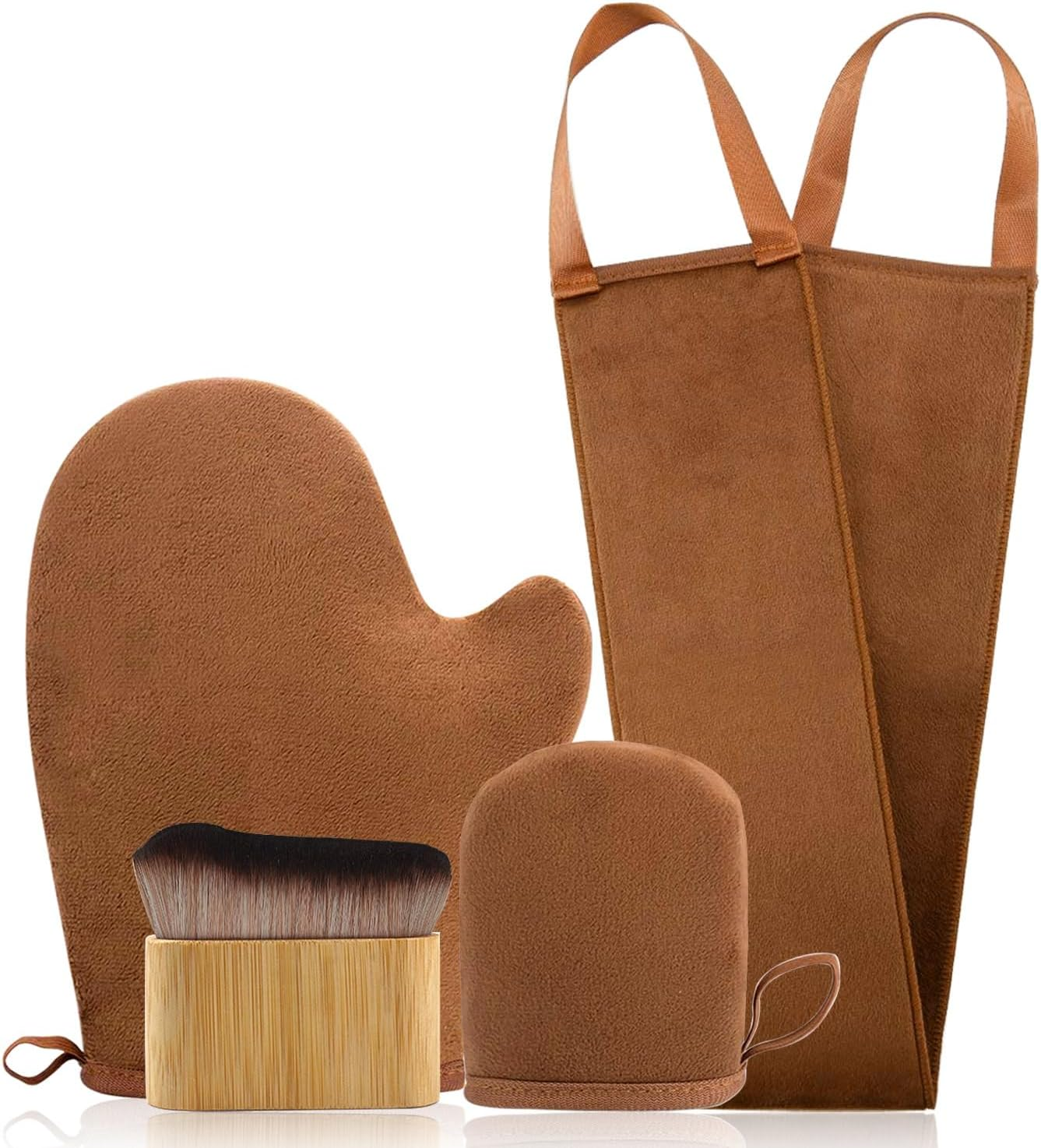 FUNAN Self Tanning Application Kit, 4-Piece Set with Back Applicator, Mini Mitt, Tanning Mitts and Ultra Soft Self Tanner Brush Bamboo Kabuki Brush, Black