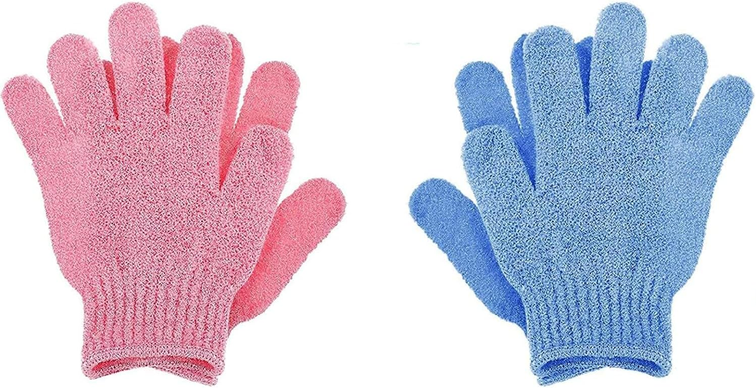 Bath Exfoliating Gloves Scrub - 4 Pcs (2Pairs) Lengthened and Large Exfoliating Scrubbing Gloves for Shower, Spa, Massage - Scrub Exfoliating Mitts for Body, Face, Hand and Foot (Black and Gray) (Blue and Pink)