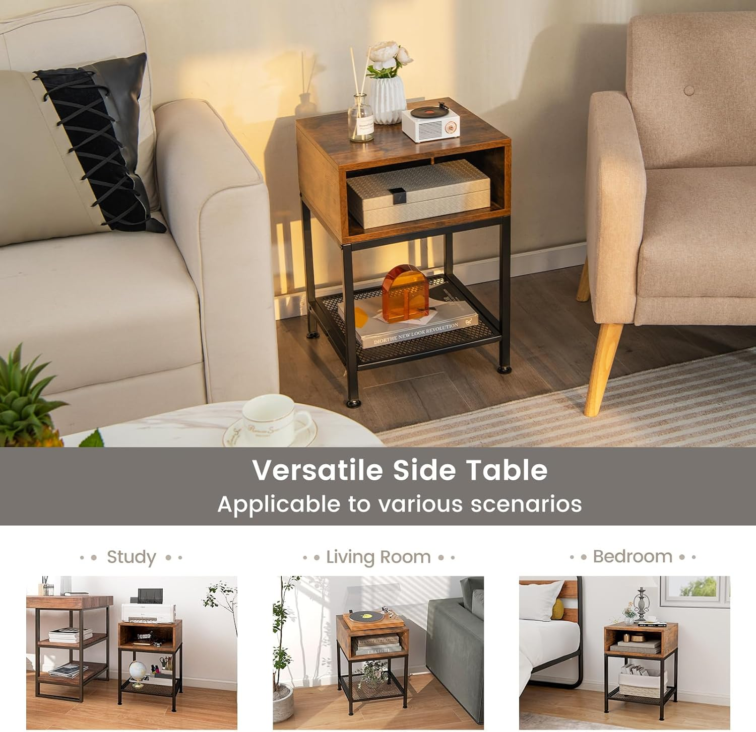 Costway End Table, 2-Tier Industrial Side Table with Mesh Storage Shelf, Stable Metal Frame, Adjustable Foot Pads, Nightstand Bedside Table for Living Room Bedroom Small Spaces