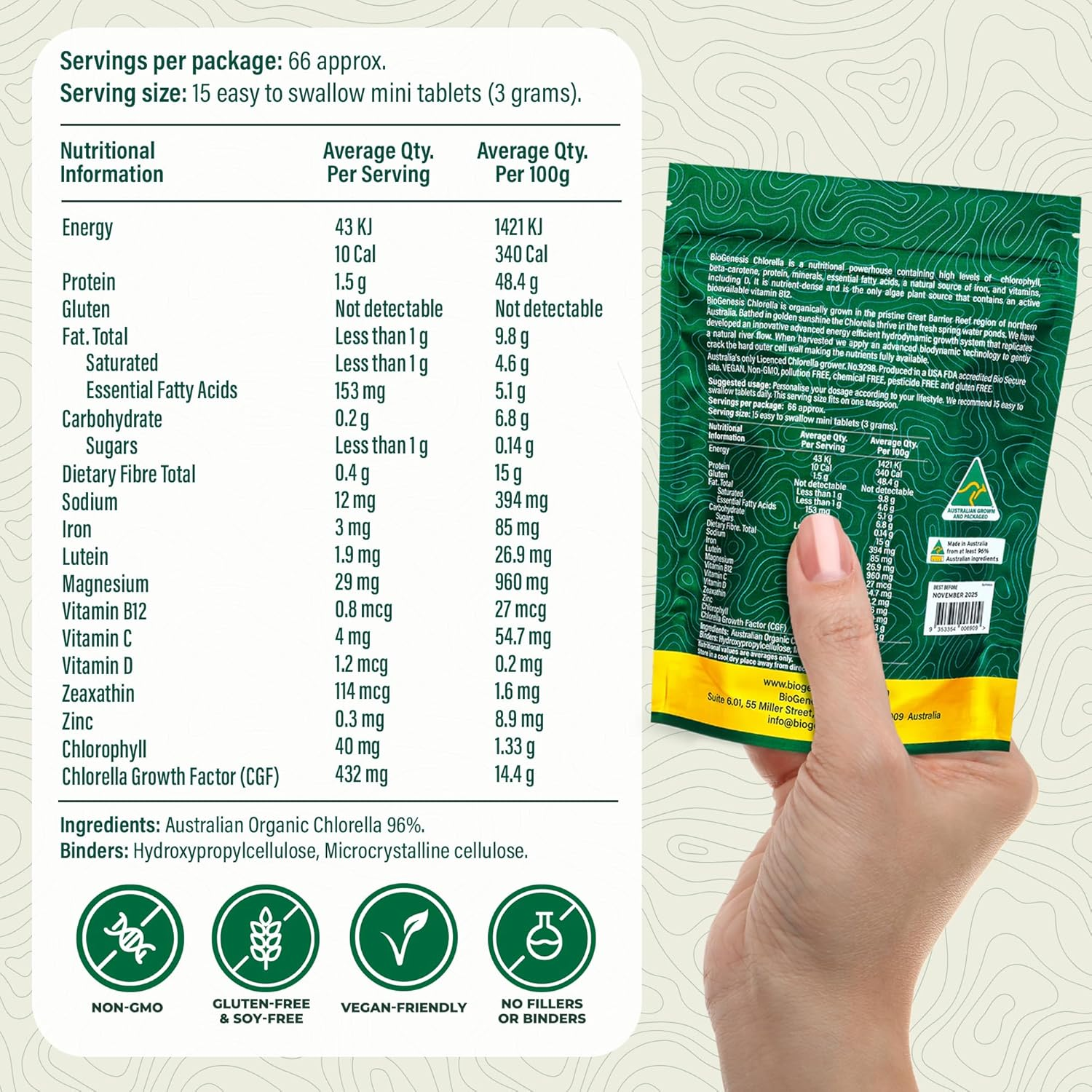 Biogenesis Organic Chlorella Tablets &ndash; 1000 Count (200Mg) | Australian Grown | Biodynamic Cracked Cell Wall | Rich in Chlorophyll, Vitamins & Minerals | Supports Energy & Immunity | Vegan Mini Tablets image number 5