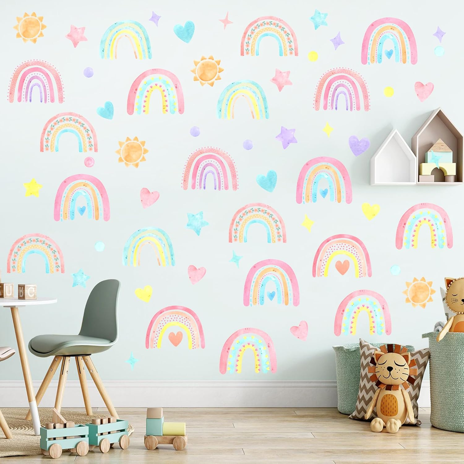 Boho Watercolor Rainbow Wall Stickers Polka Wall Decor Stickers Sun Star Heart Wall Art Stickers for Girls Bedrooms Living Room Decor Baby Nursery Home Office Sofa Decorations image number 5