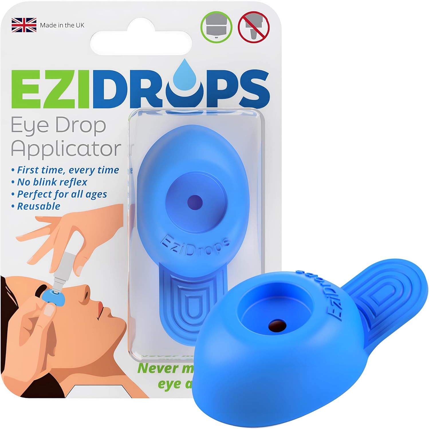 Ezidrops Eye Drop Dispenser - Suitable for Wide/Flat Head Bottles Only - No More Involuntary Blinking and Fluids Wastage! - Reusable Easy Eye Drop Applicator from Young Children to Elderly (Blue) image number 2