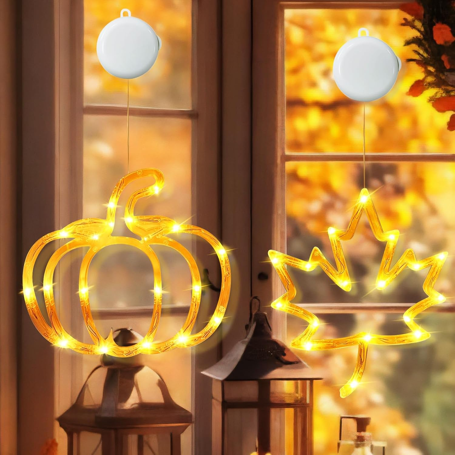 Taimeimao Autumn Decoration Light with Suction Cup, Waterproof Autumn Decorative Window Lights, Pumpkin Maple Leaf Window Decoration Lights, Autumn Fairy Lights with Suction Cup for Autumn Halloween