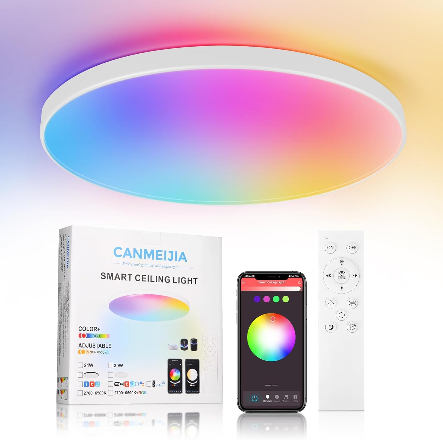 SILAMPDI Led Ceiling Light Wifi Tuya Control, 24W Smart Ceiling Light Black, RGB Mode with Remote Control 16 Million Colors Timer & Memory 3000K-6500K Connect Alex Google Siri for Bedroom Living Room