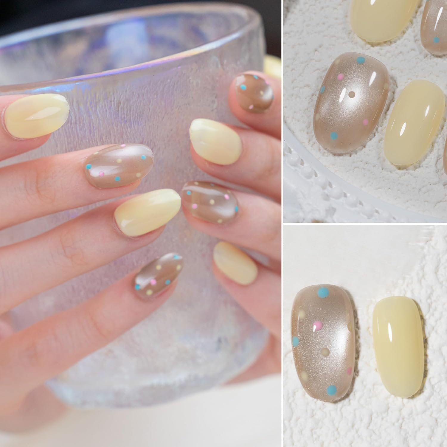 Sun&Beam Nails Handmade Press-On Medium Long Oval Yellow Rhinestone Glossy Hand-Painted Design Fashion False Nail Tips 10 Pcs Set (#235 S) image number 1