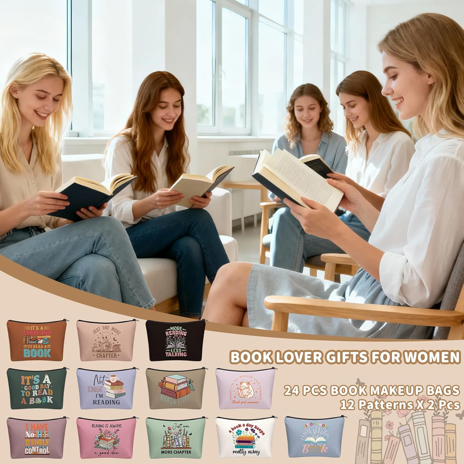 Cosblank 24 Pack Book Lovers Gifts Book Themed Makeup Bags Bulk Cosmetic Pouches Gifts for Reader Librarian Women Christmas Literary Lovers Favors image number 3