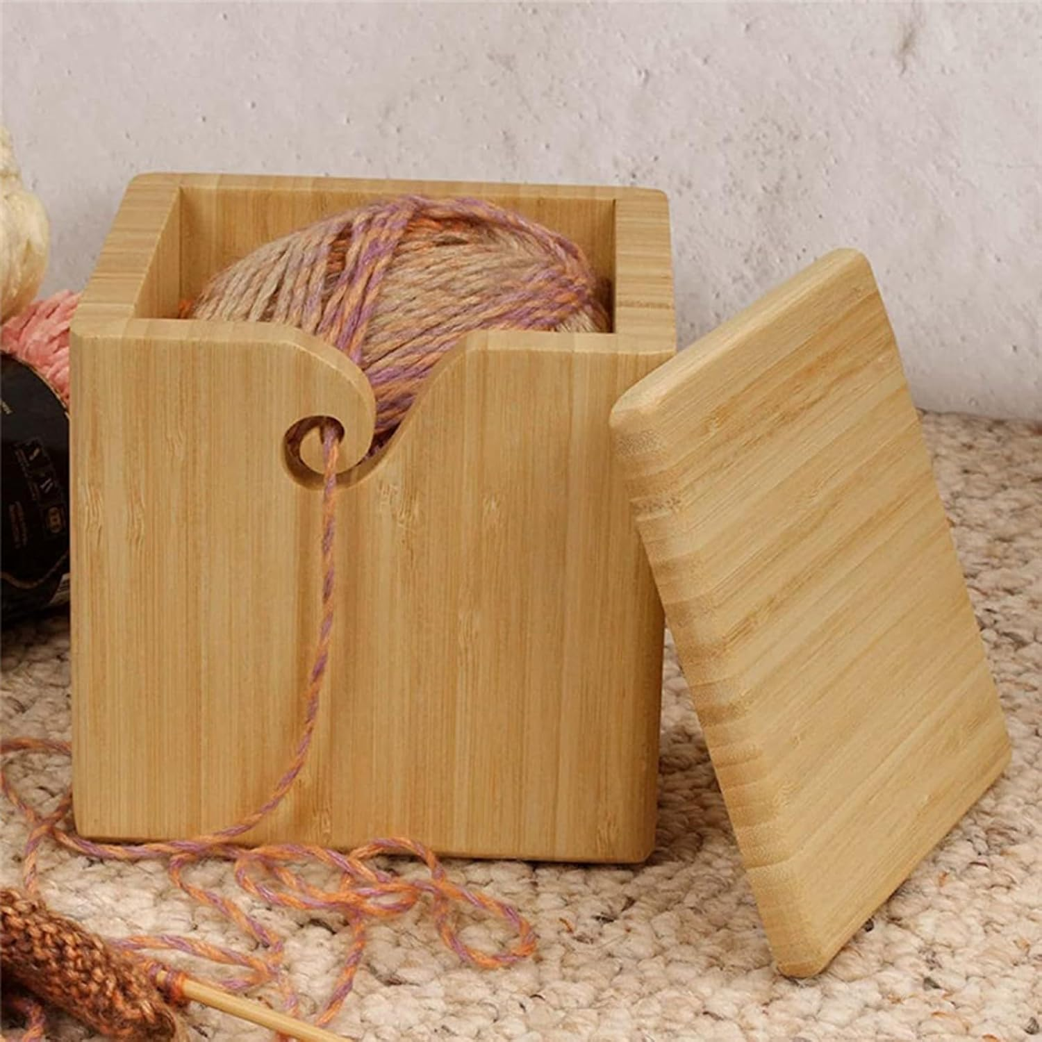 Joyeee Extra Large Bamboo Yarn Bowl with Lid, XL Knitting Box Case for Storage Big Wool Ball, DIY Wool Braid Craft, Handmade Square Cube Crochet Bowl for Wife, Mum, Grandmother 7.7 X 7.7 X7 Inch