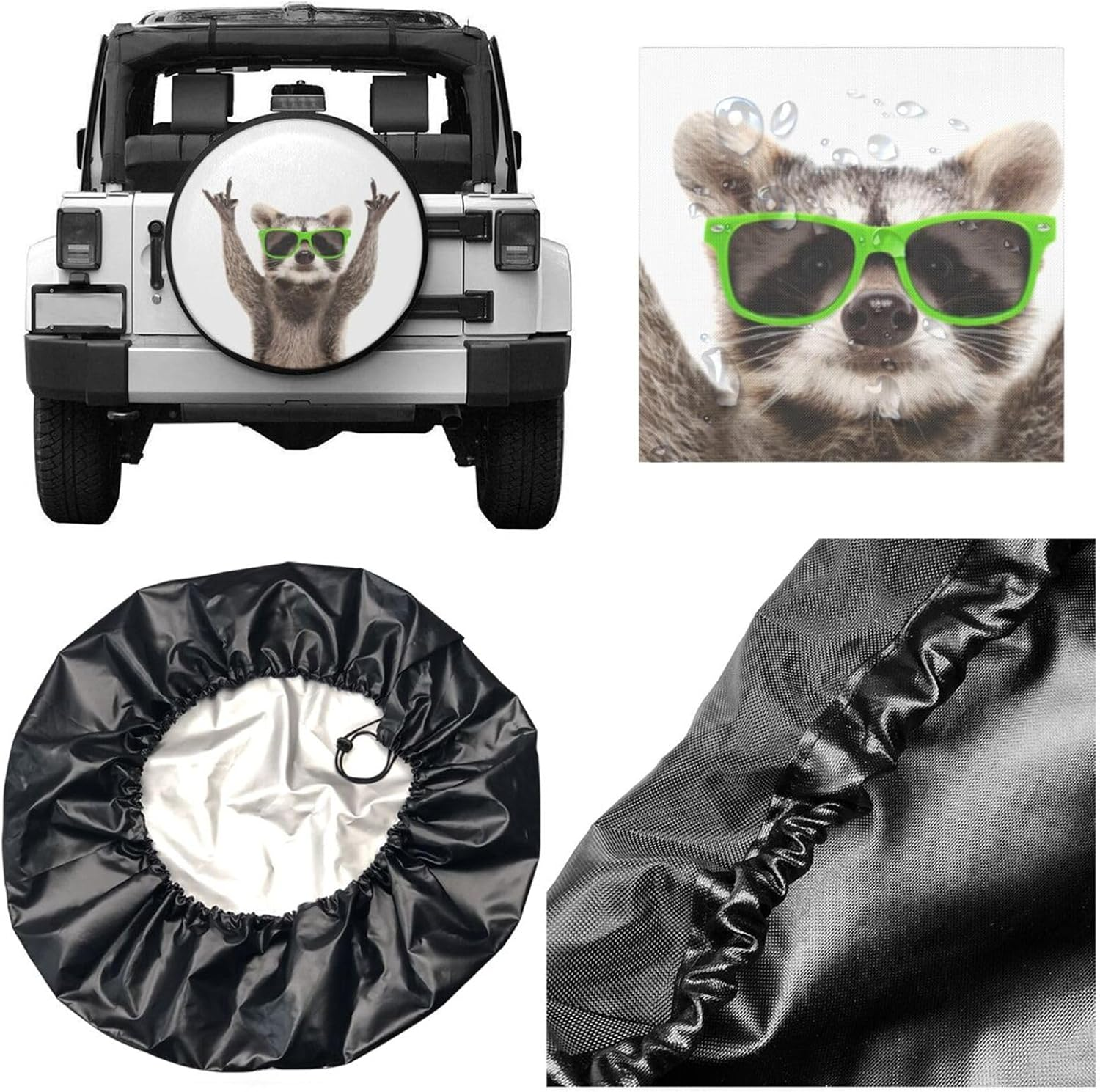 Funny Raccoon in Green Sunglasses Spare Tire Cover Cute Animal Tire Wheel Covers Waterproof Weatherproof Wheel Tire Protector Tyre Covers Universal for Trailer RV SUV Vehicle Motorhome Travel 14 Inch image number 4