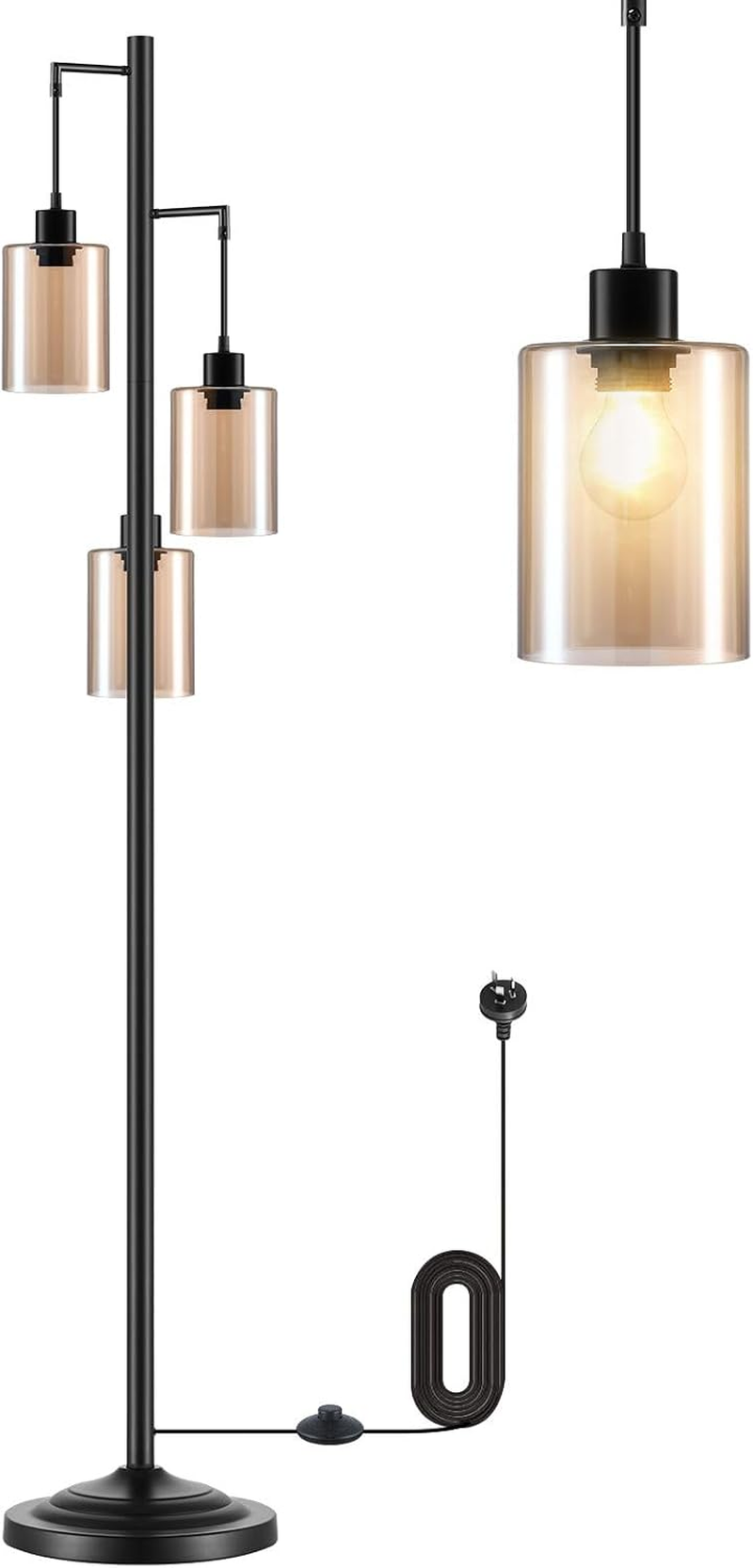 Modern LED Floor Lamp 3 Lights Black Standing Corner Reading Light Living Sitting Room Decor 165Cm with Glass Lampshades image number 3