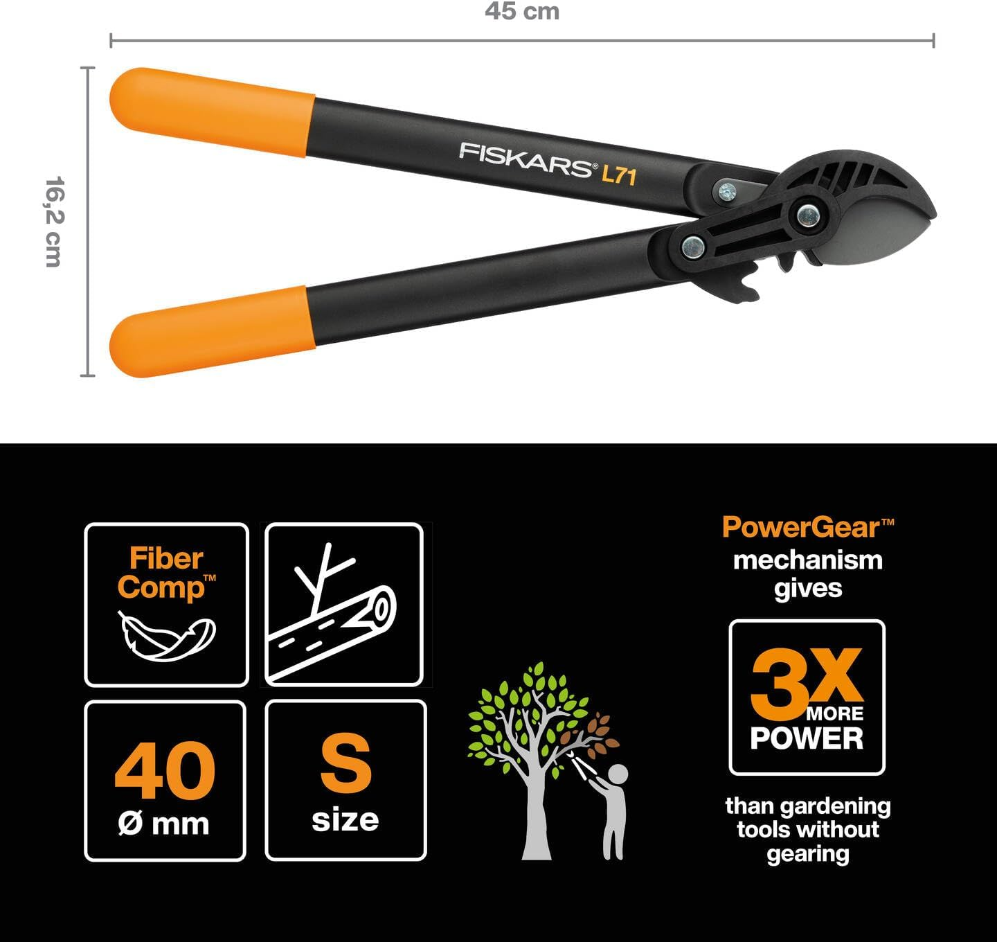 Fiskars L71 Powergear Anvil Looper, Black/Orange image number 4