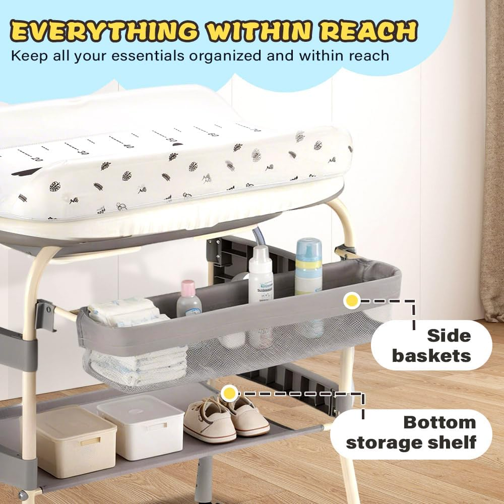 Playpals 2-In-1 Baby Change Table & Baby Bathtub, Adjustable Height Changing Station with Storage Basket & Safety Belt, Mobile Nursery Diaper Changing Table for Baby, Newborn (Grey)