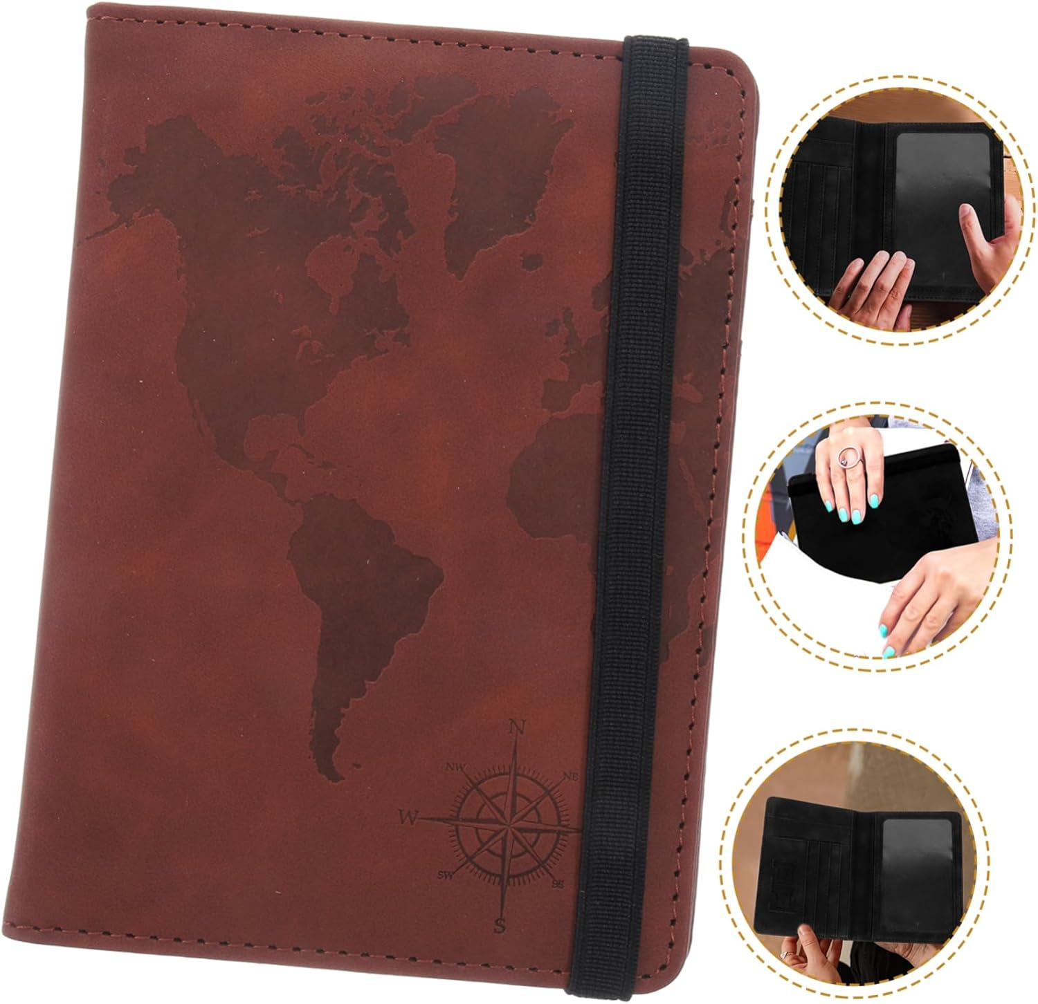 LABRIMP Travel Holder World Map Design Multi-Card Slots and Elastic Strap for Easy Organization for Documents and Tickets Pu Leather Material - Coffee image number 2