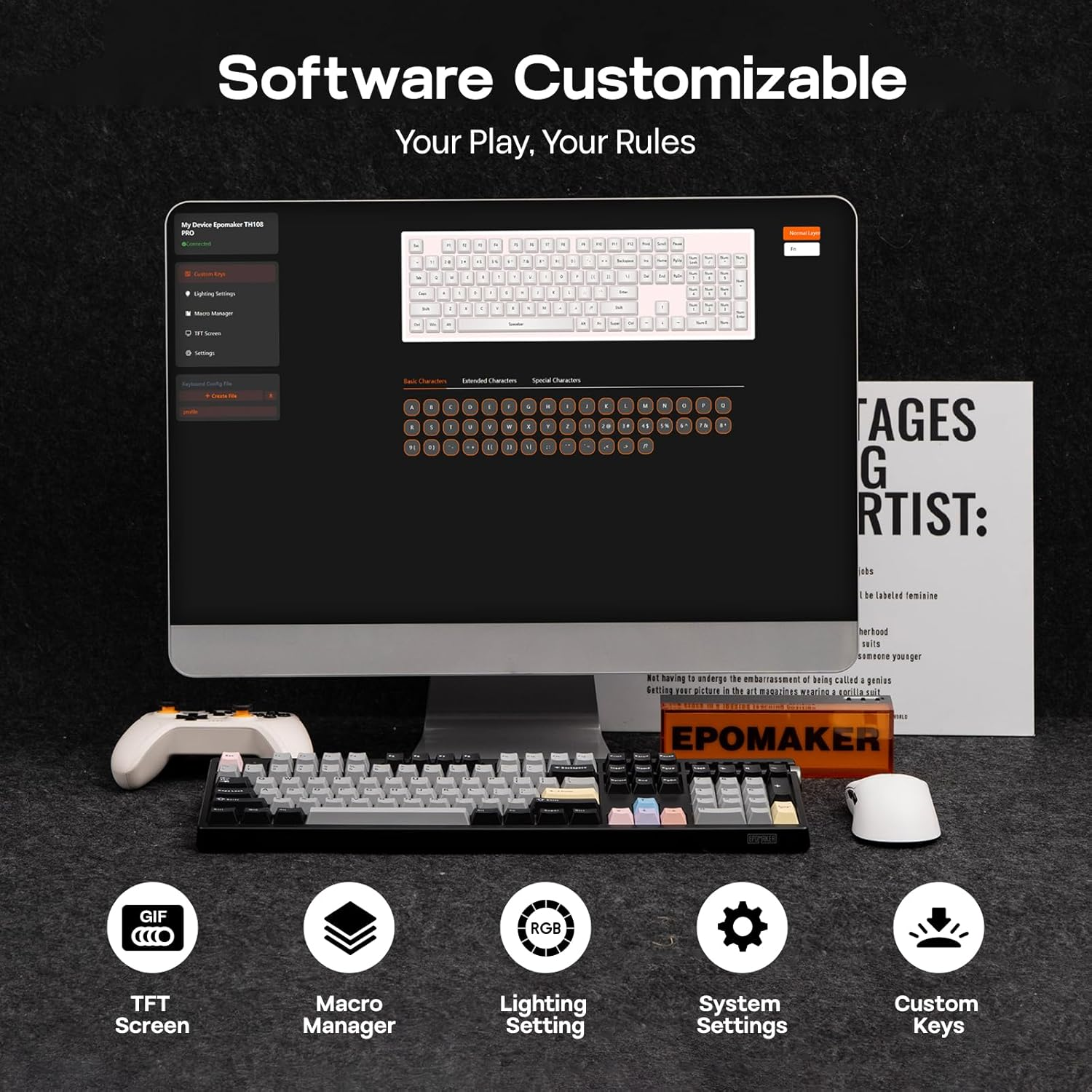 EPOMAKER TH108 PRO Full Size Mechanical Keyboard with Screen & Knob, Wireless Gaming Keyboard with 10000Mah, Creamy Gasket, Hot Swap, Custom Driver, RGB Backlight (Black, Creamy Jade) image number 4