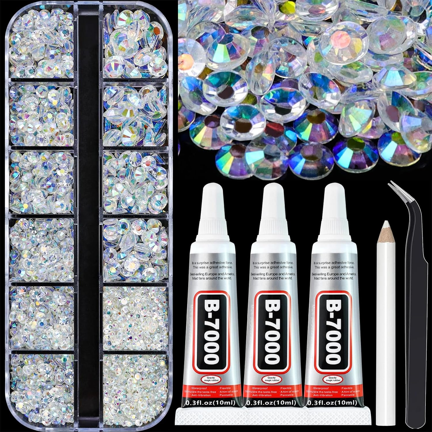 Towenm B7000 Clear Glue with 4000PCS Transparent AB Rhinestones for Crafts Clothing Fabric Shoes, Glue Fix Flatback Gems for Nails Face Jewelry, Mixed 5 Sizes 2Mm-6Mm Diamond Gemstones Bejeweled Kit