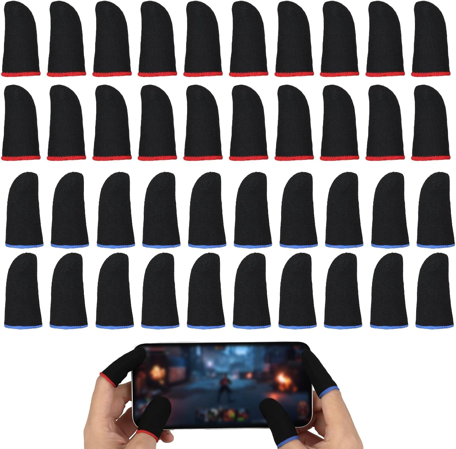 40 Pcs Gaming Finger Sleeves - Ultra-Thin Seamless Thumb Guards for Mobile Gaming, Carbon Fiber Breathable & Sweatproof, Touch-Sensitive Compatible with All Ios/Android Phones (Blue+Red)