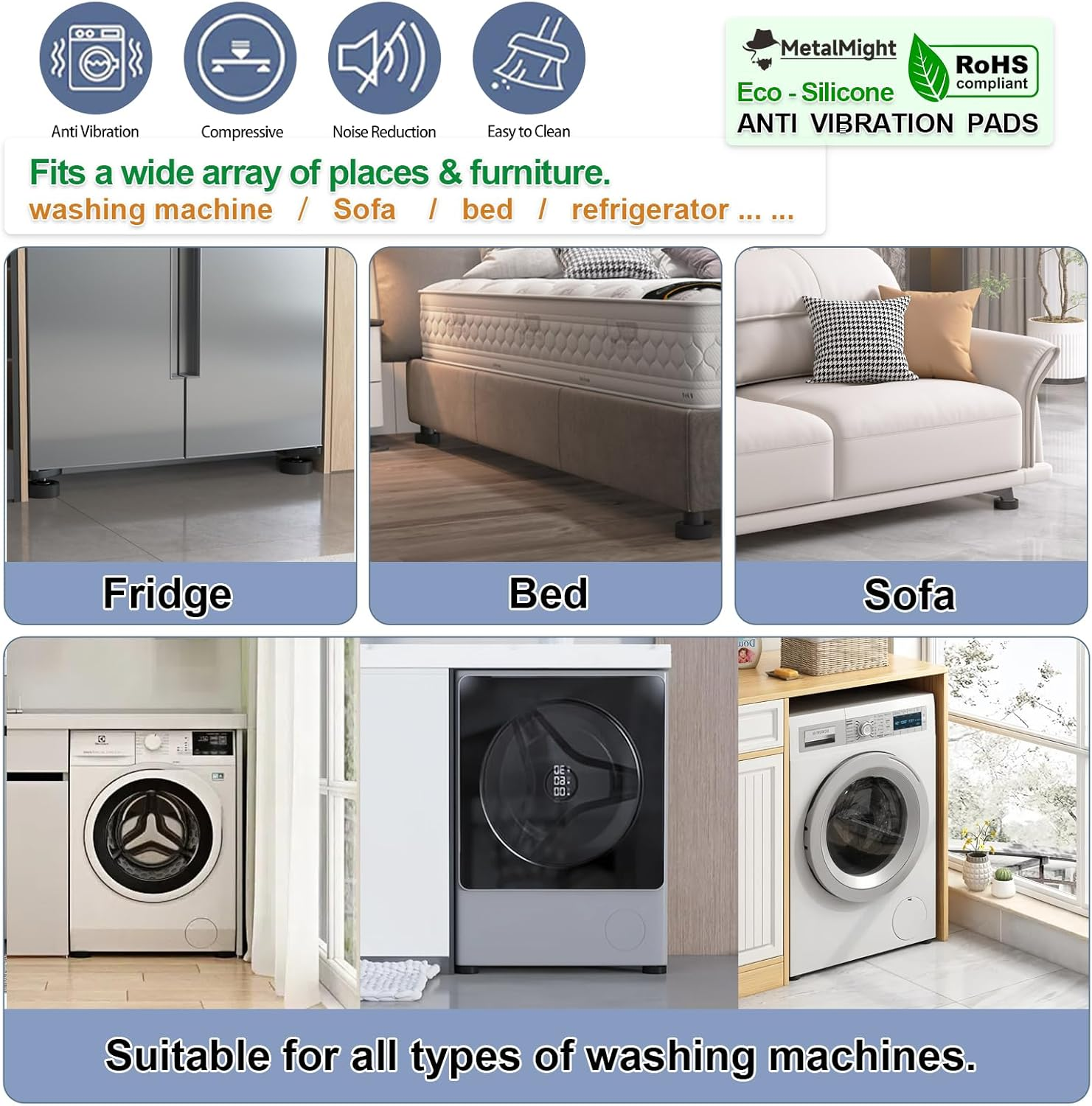 Metamight Universal Anti-Vibration Pads for Washing Machine,2.8" Dia,4-Pack.Eco-Silicone,Rohs-Certified. Sturdy&Non-Slip,Great for Shock Absorption. Fit Fridge,Dryer,Dishwasher Legs Stabilizer Damper