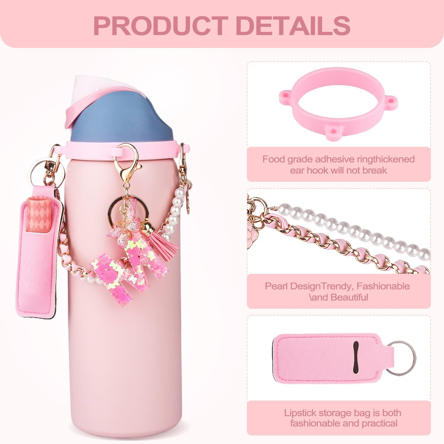 Letter Accessories for Owala Water Bottle 24/32/40Oz,Initial Charm、Lipstick Holder and Handle Strap for Owala Accessories and Stanley Cup Accessories(Pink, R) image number 6