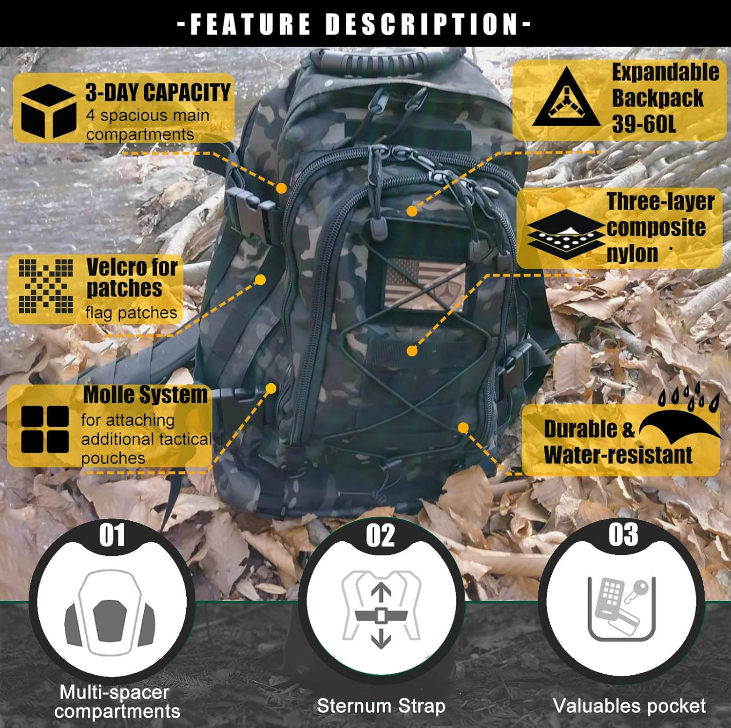 Tactical Backpack Military Army Daypack - Assault Pack for Men Molle Backpacks Bug Out Bag 3 Day Pack for Hiking - Blackcamo image number 6
