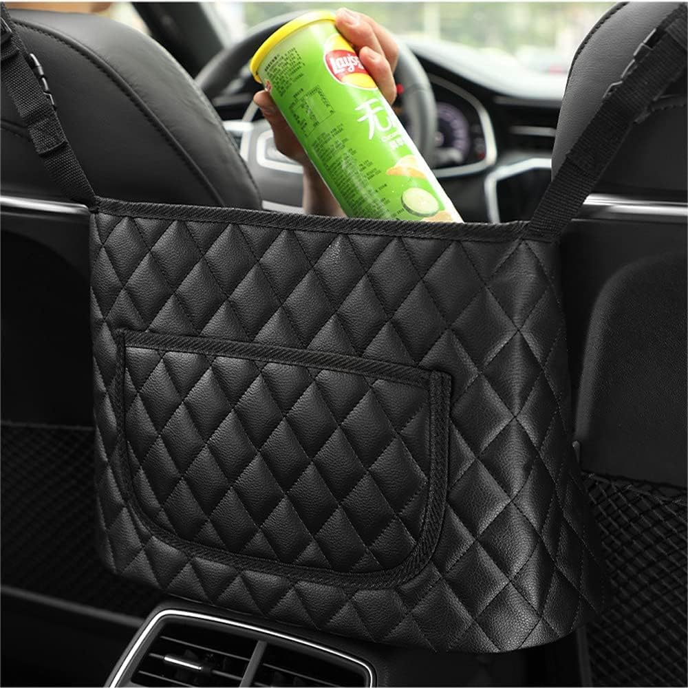 Car Purse Holder - Durable Leather Seat Back Organizer, Front Seat Storage Barrier, Pet & Kids Driver Storage Netting Pouch