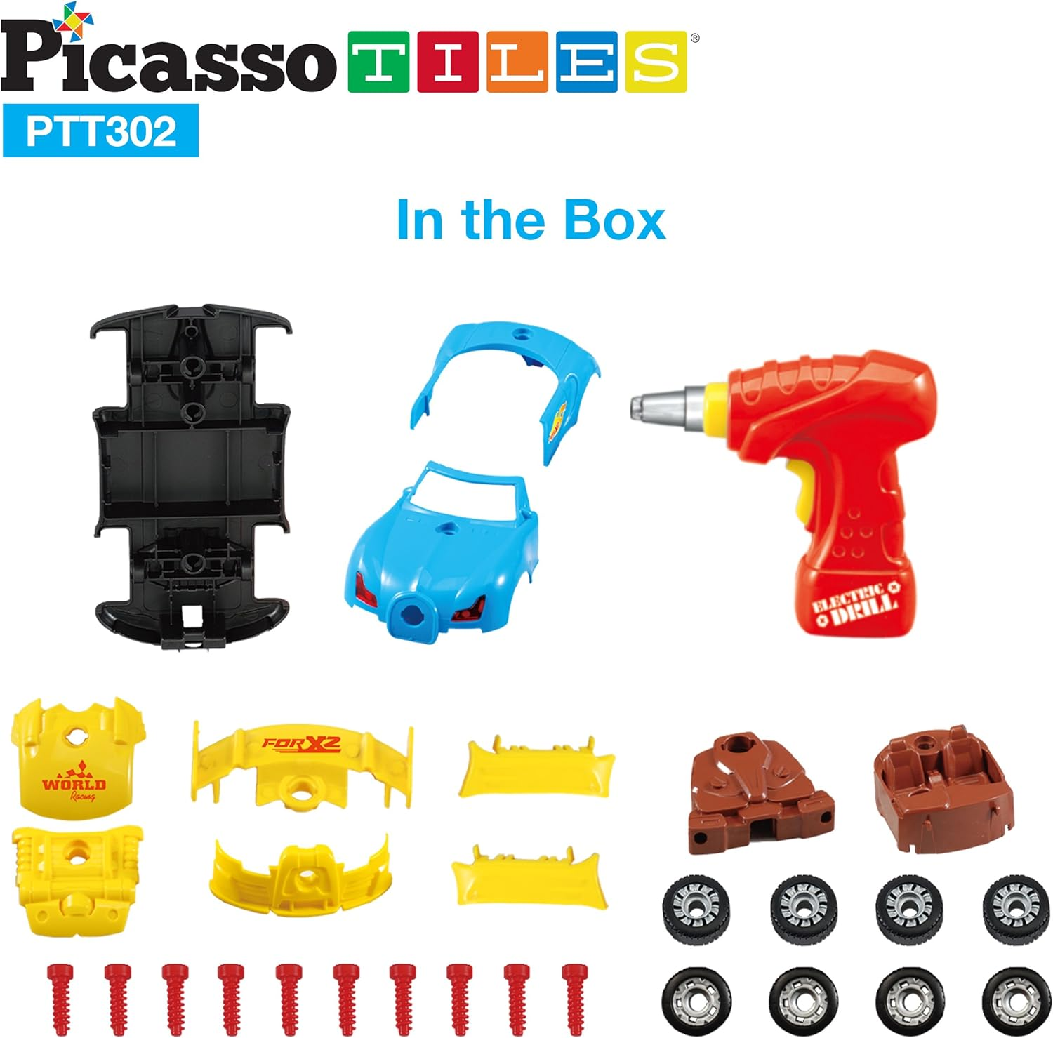 Picassotiles Take-A-Part Race Car Set with LED, Engine Sound, Mini Electric Power Tool Reversible Drill, Screws Included PTT302 2-In-1 DIY Construction Build Your Own 30Pc Racing Car S.T.E.A.M. Kit
