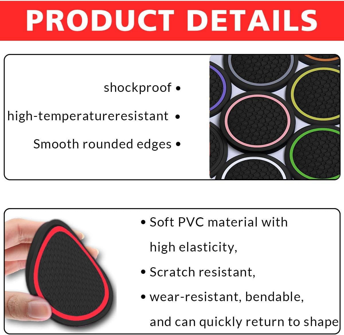 4PCS Car Cup Holder Coasters, Dustproof Automotive Interior Accessories Mat,2.75 Inch Non-Slip Insert Water Bottle Holder Pads, Universal for Vehicles, Trucks, Rvs and More (Black/Red) - Black/Blue image number 3