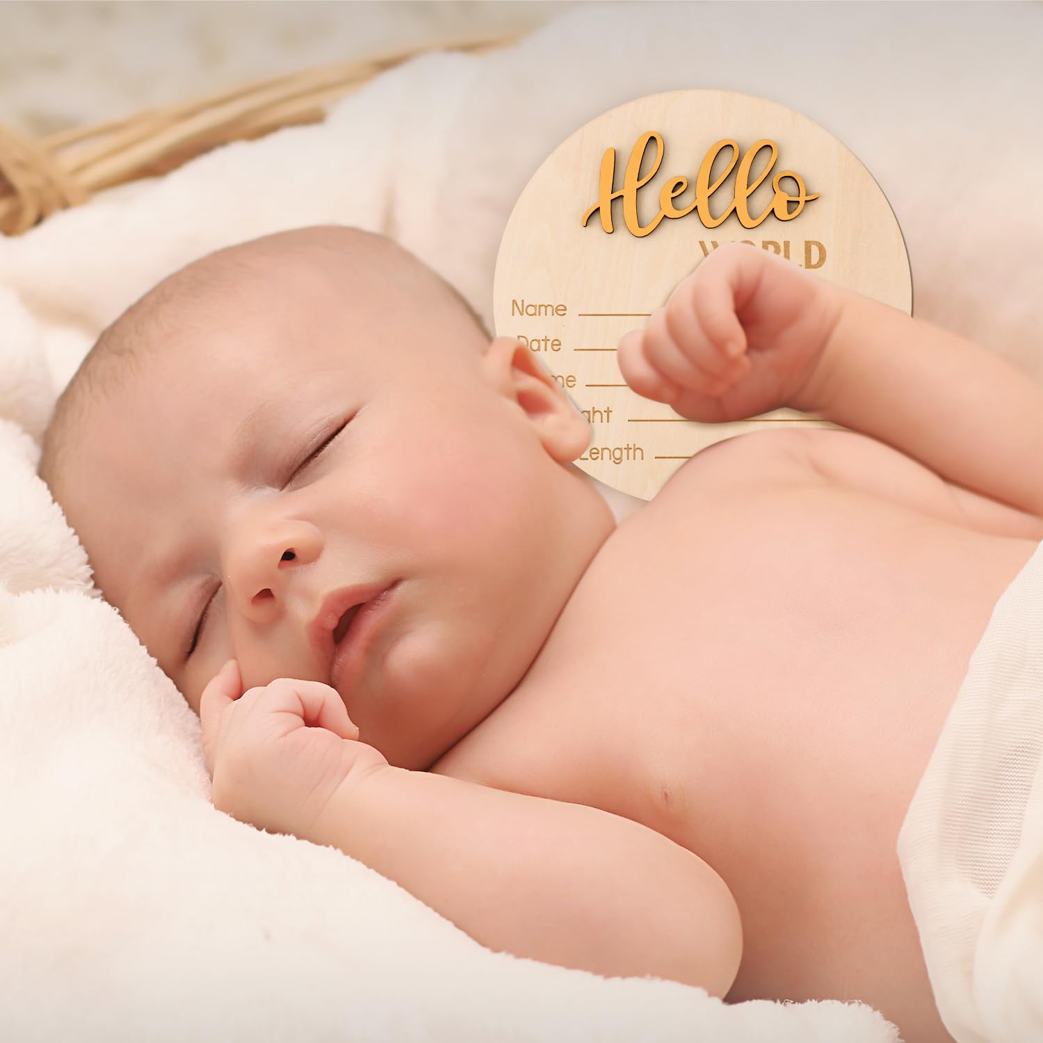 Baby Announcement Sign, 5.9 Inch Wooden Hello World Newborn Welcome Sign Birth Announcement Name Plate for Hospital Nursery (Dark Gold) image number 2