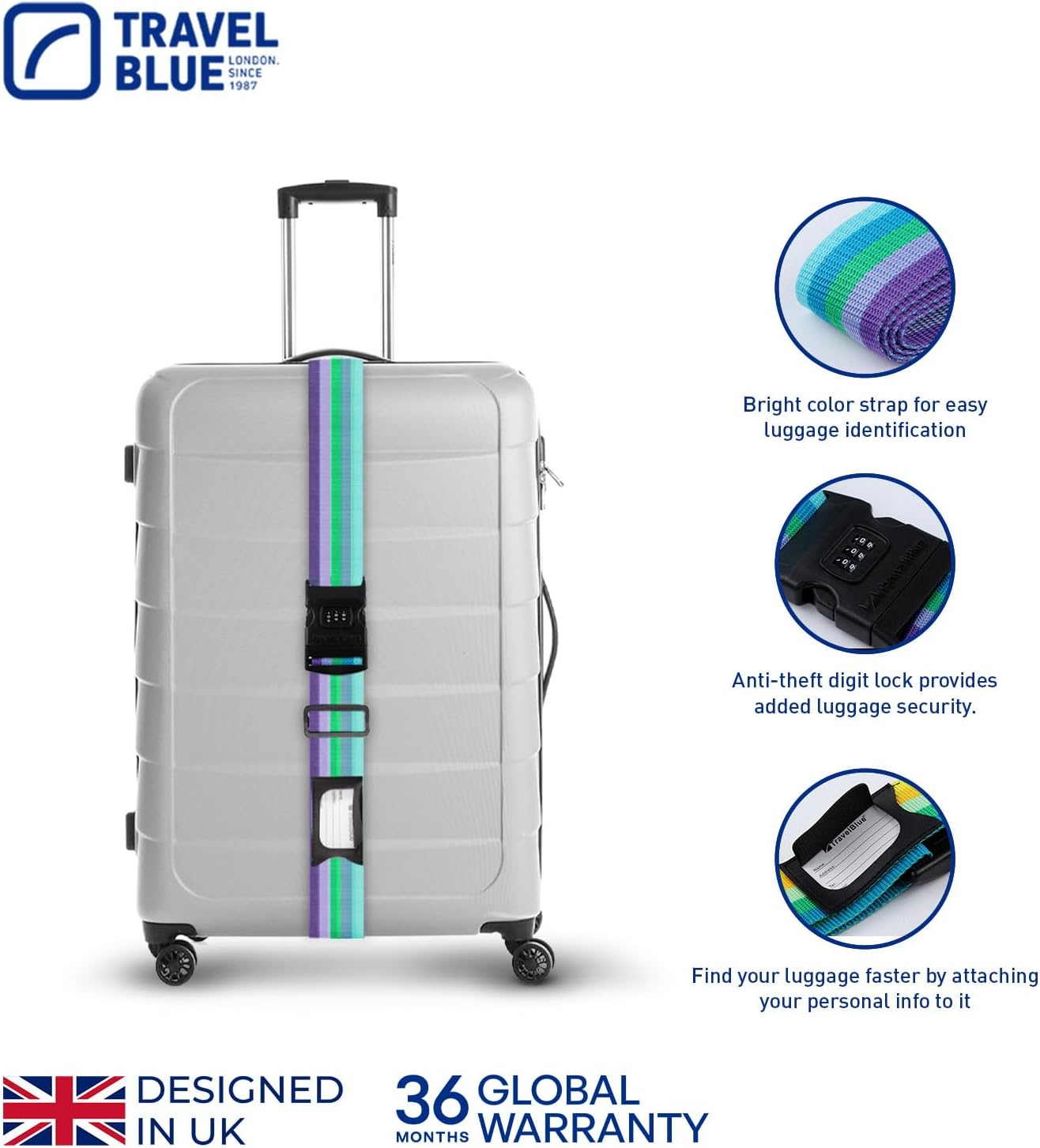 Travel Blue Luggage Straps &ndash; Adjustable Suitcase Straps in Multiple Sizes and Colours (Purple, 3-Dial (200Cm)) image number 3