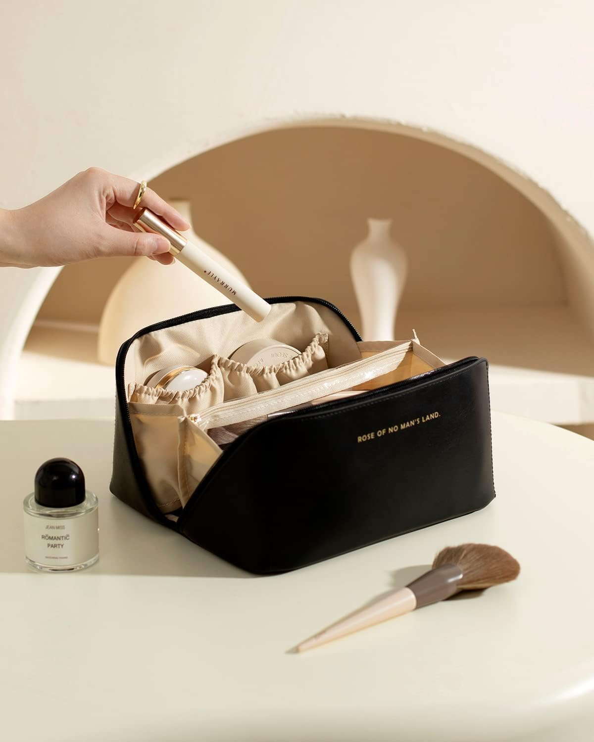 Travel Makeup Bag, Large Capacity Cosmetic Bags for Women, Waterproof Portable Pouch Open Flat Toiletry Bag, Make up Organizer with Divider and Handle (Black) image number 1