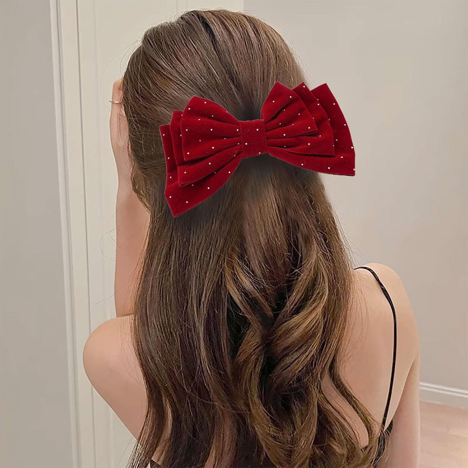 Large Hair Bows for Women Glitter Bow Hair Clips Velvet Bow Clips Cute Hair Bow Clips French Bow Crystal Bows Party Wedding Barrette Bowknot Hair Accessories Red image number 1