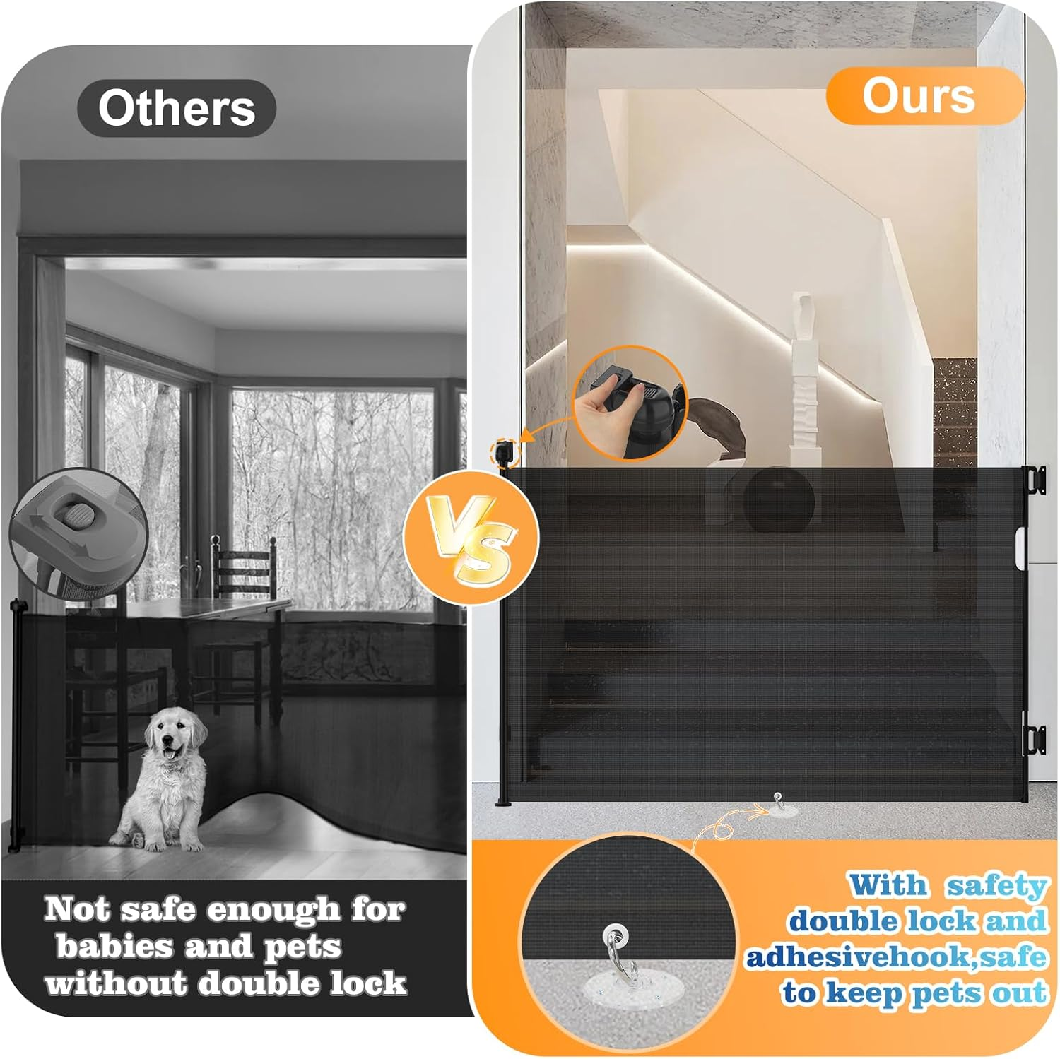 Retractable Baby Gate Pet Gate,180Cm Baby Gate,89 Cm Tall Baby Gate Safety Gate One Handed Operation Durable Mesh Dog Gate for Doorways, Stairs, Hallways,Indoor&Outdoor image number 4