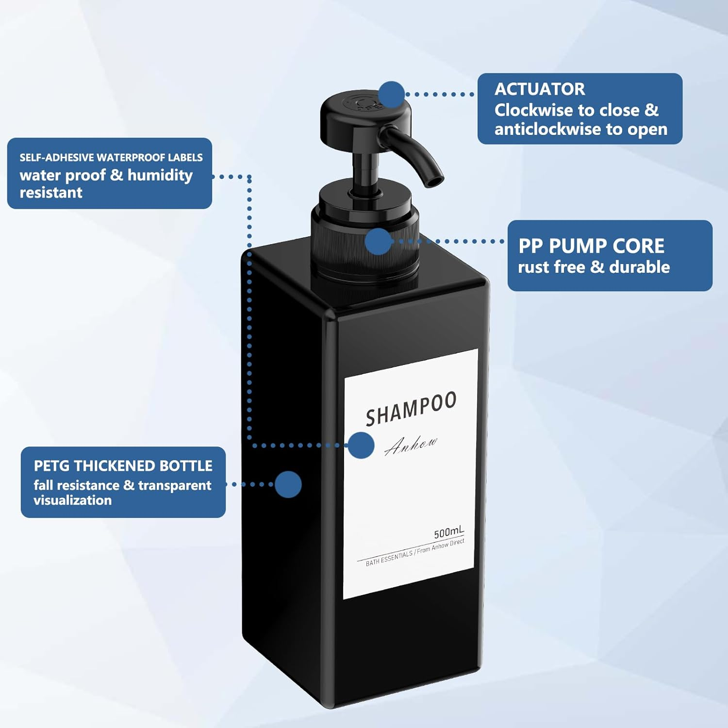 3 Soap Dispensers, Shampoo and Conditioner Dispenser Hand Soap Body Wash Refillable Bottles with Waterproof Category Labels for Shower/Kitchen/Bathroom Lotion Dispensing- Black / 500 Ml image number 1