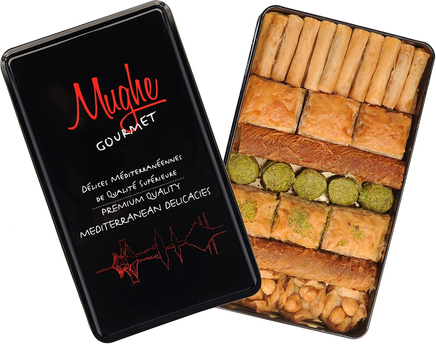 Mughe Gourmet Luxury Assorted Baklava Pastry Elegant Metal Gift Box 1.32Lb/600Gr - Pistachio, Walnut, Cashew, Hazelnut Dessert Gifts Bitesize Turkish Baklawa - Perfect for Birthday, Christmas and More image number 4